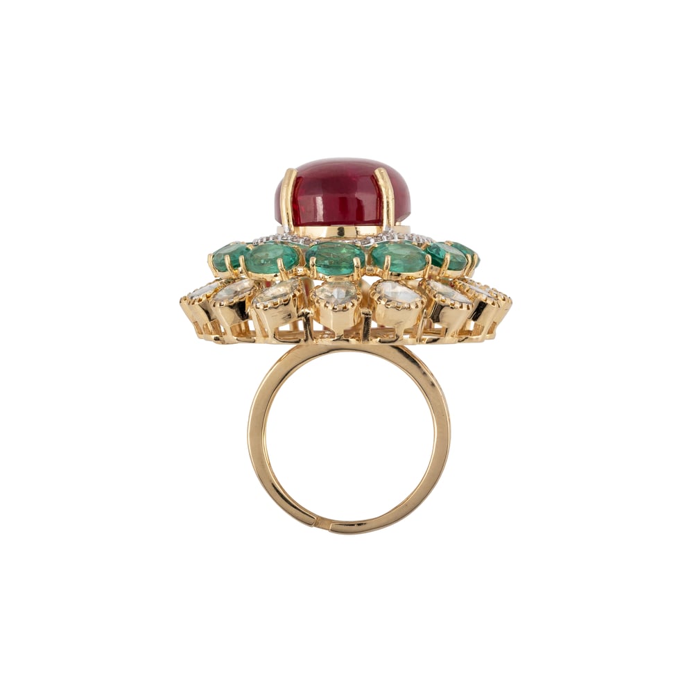 Regal Tourmaline with Green Cut Stone Ring in Open Polki