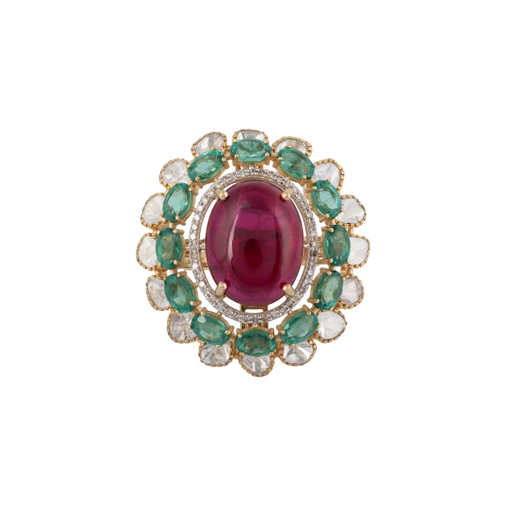 Regal Tourmaline with Green Cut Stone Ring in Open Polki