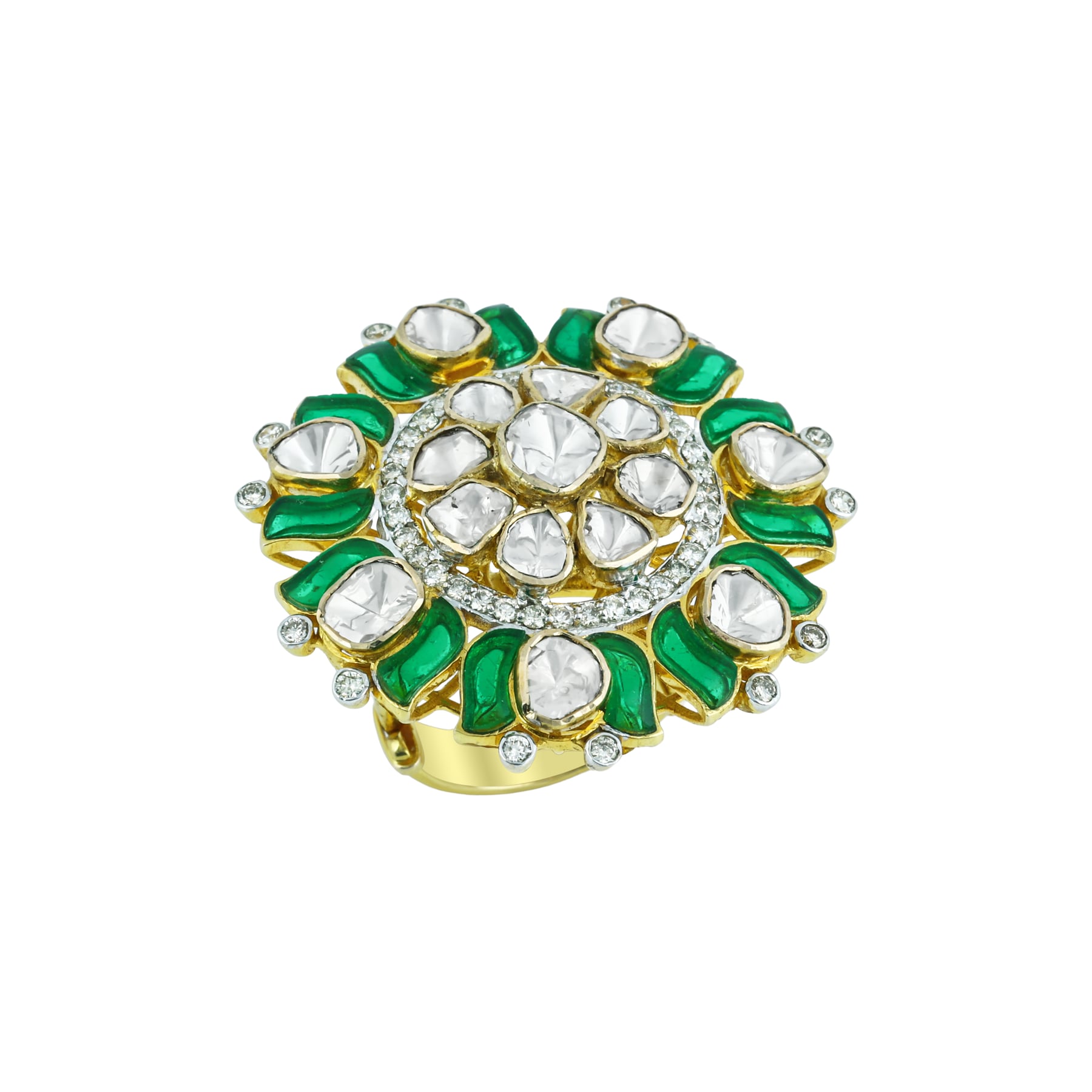 Polki Statement Ring with Green Stone Accents