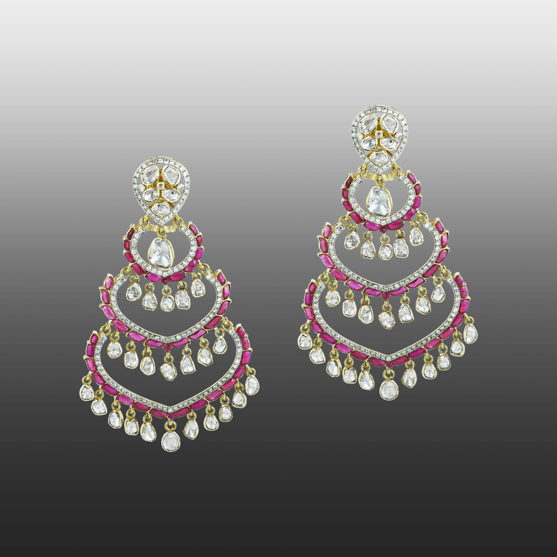 Chandelier Earrings with Polki, Red Talaf Accents and Diamonds