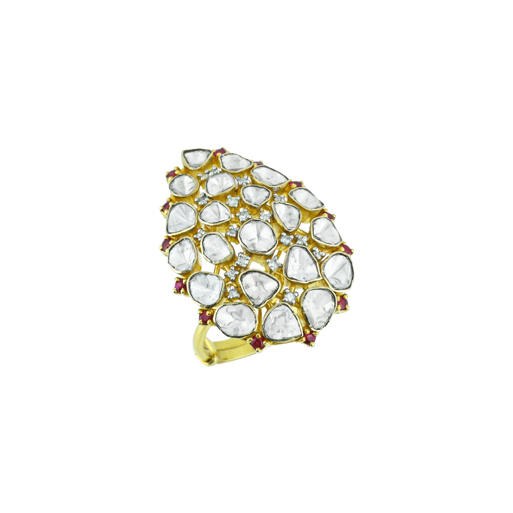Teardrop Polki Ring with Red Accents and Polki Cluster