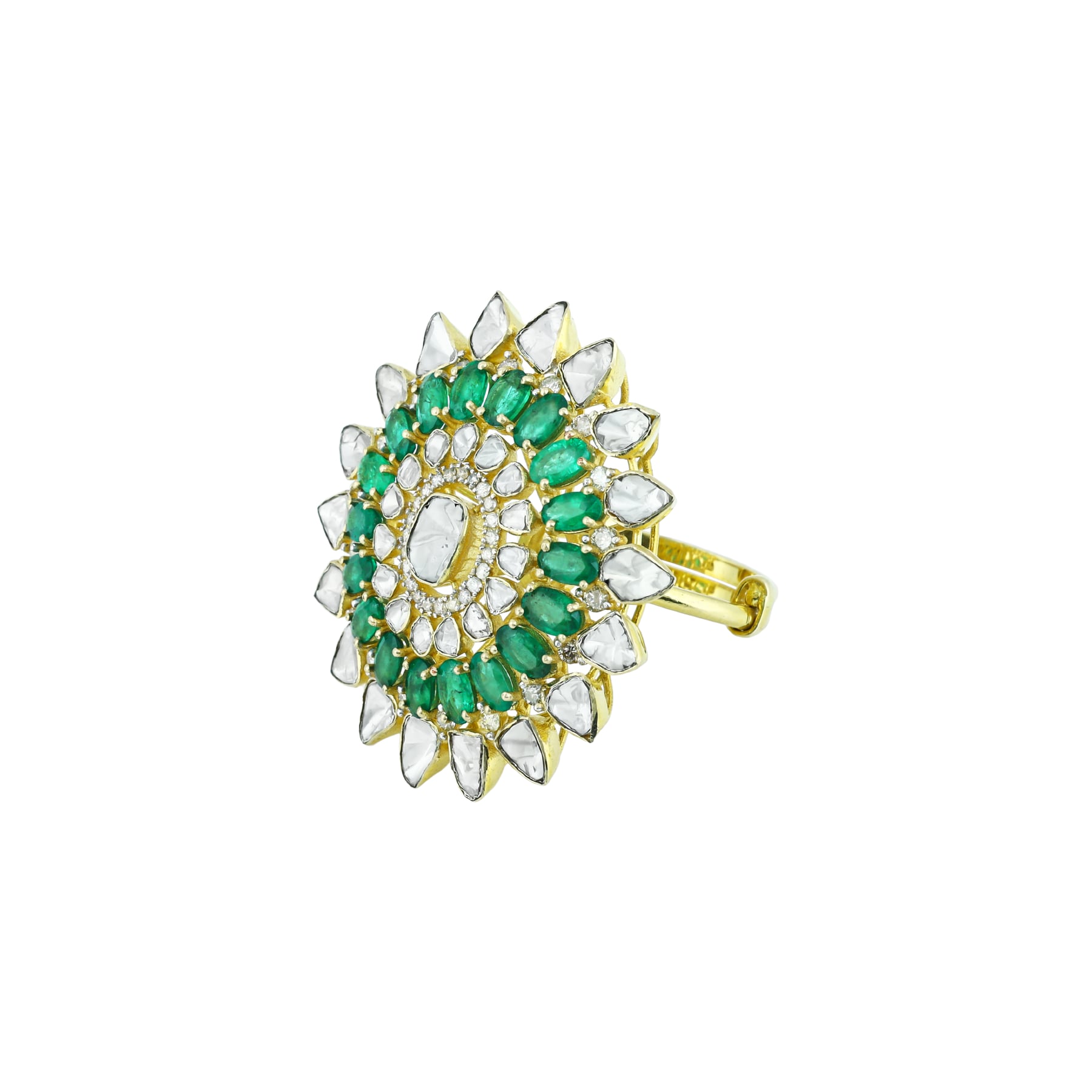 Floral Polki Ring with Green Accents and Sunburst Design