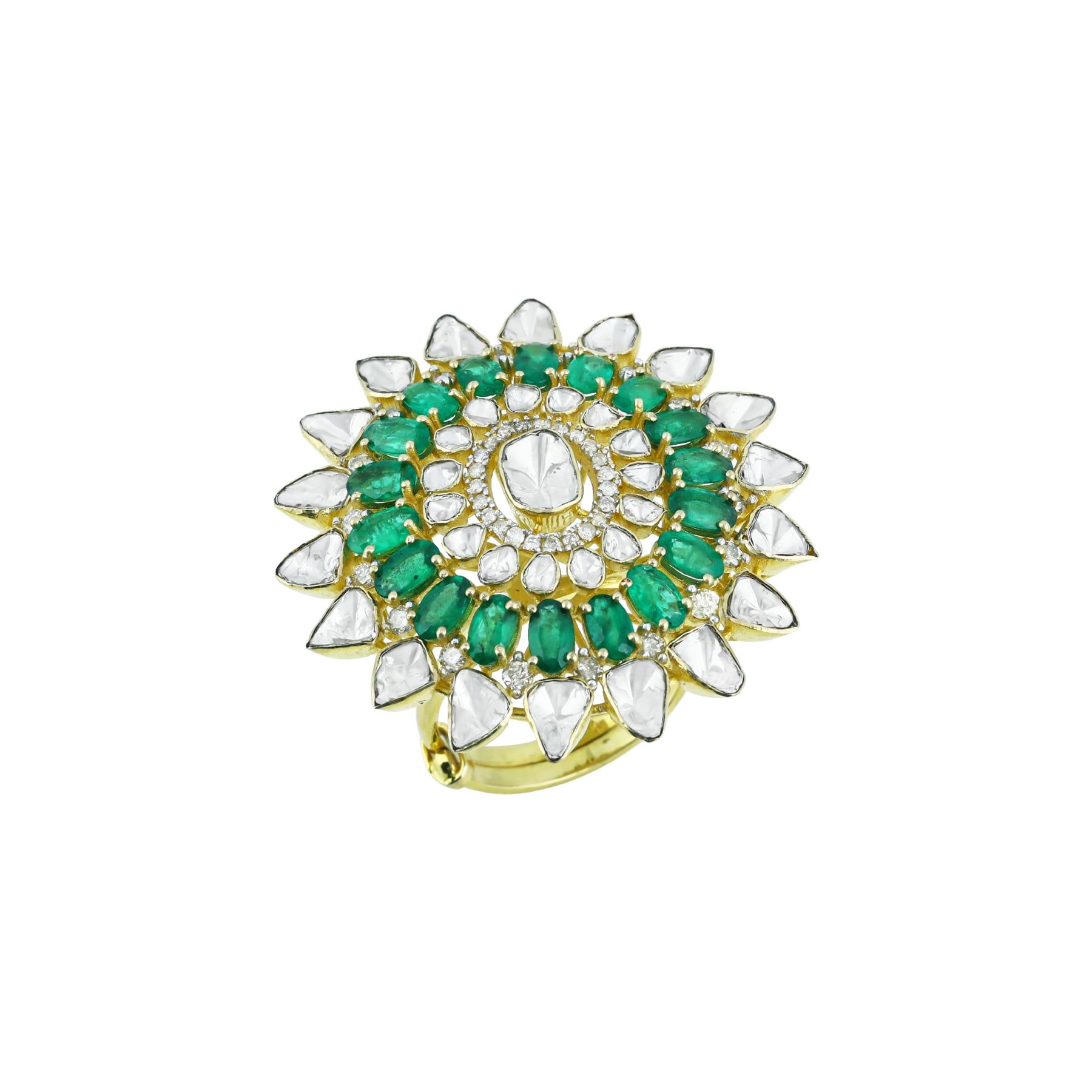 Floral Polki Ring with Green Accents and Sunburst Design