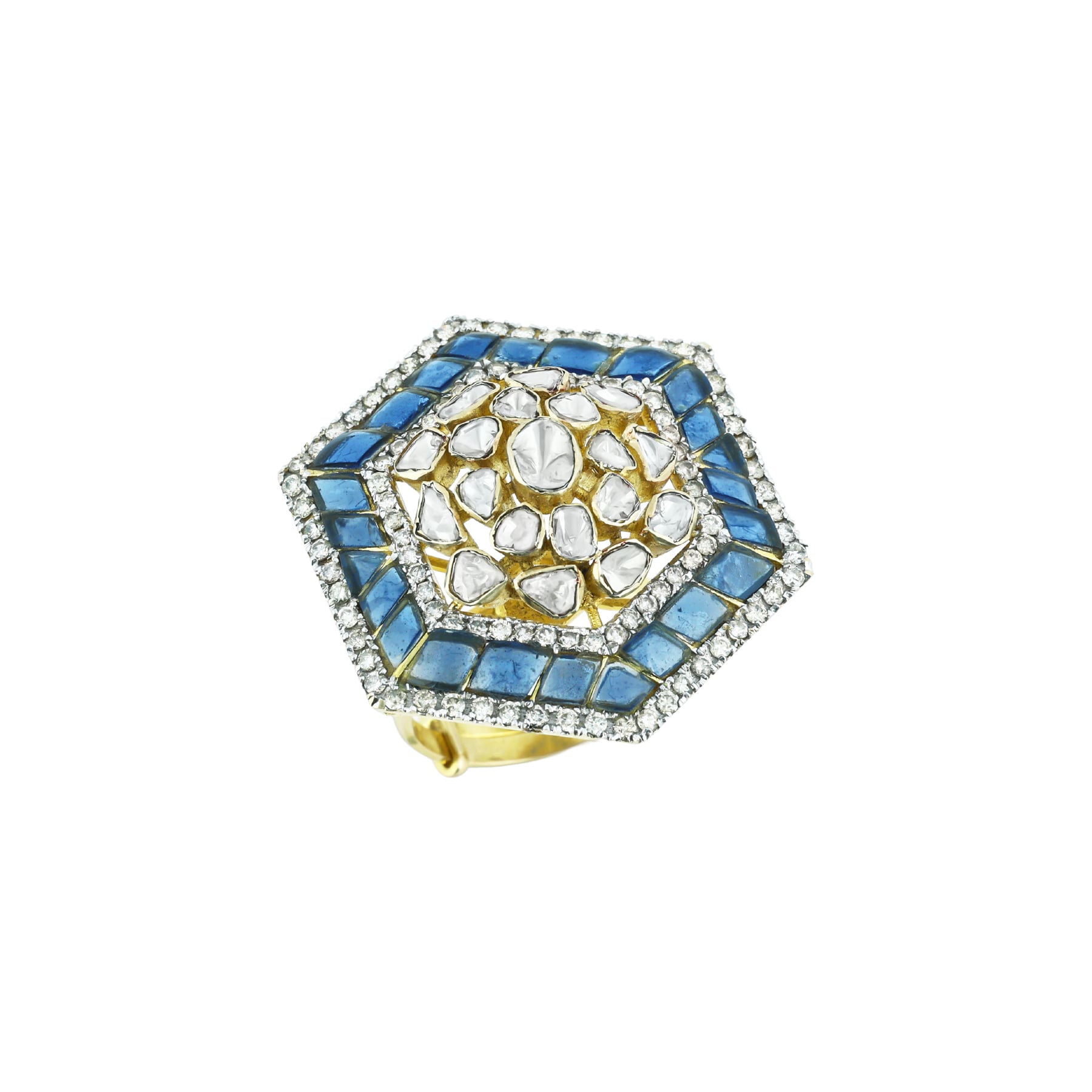 Hexagonal Polki Ring with Blue Talaf and Diamond Halo