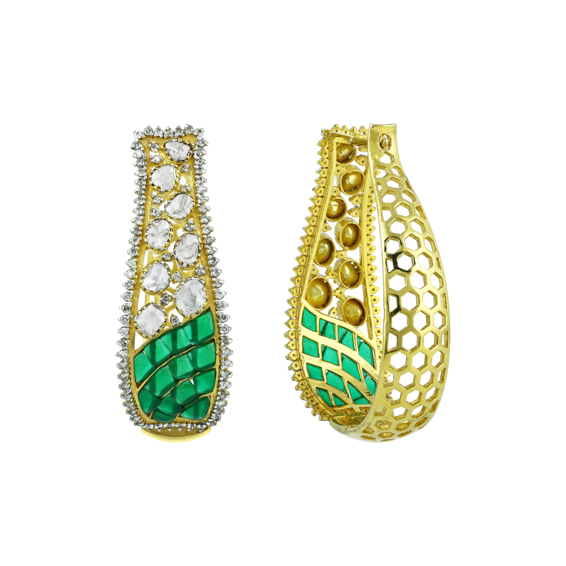 Polki Hoop Earrings with Emerald Talaf and Diamonds