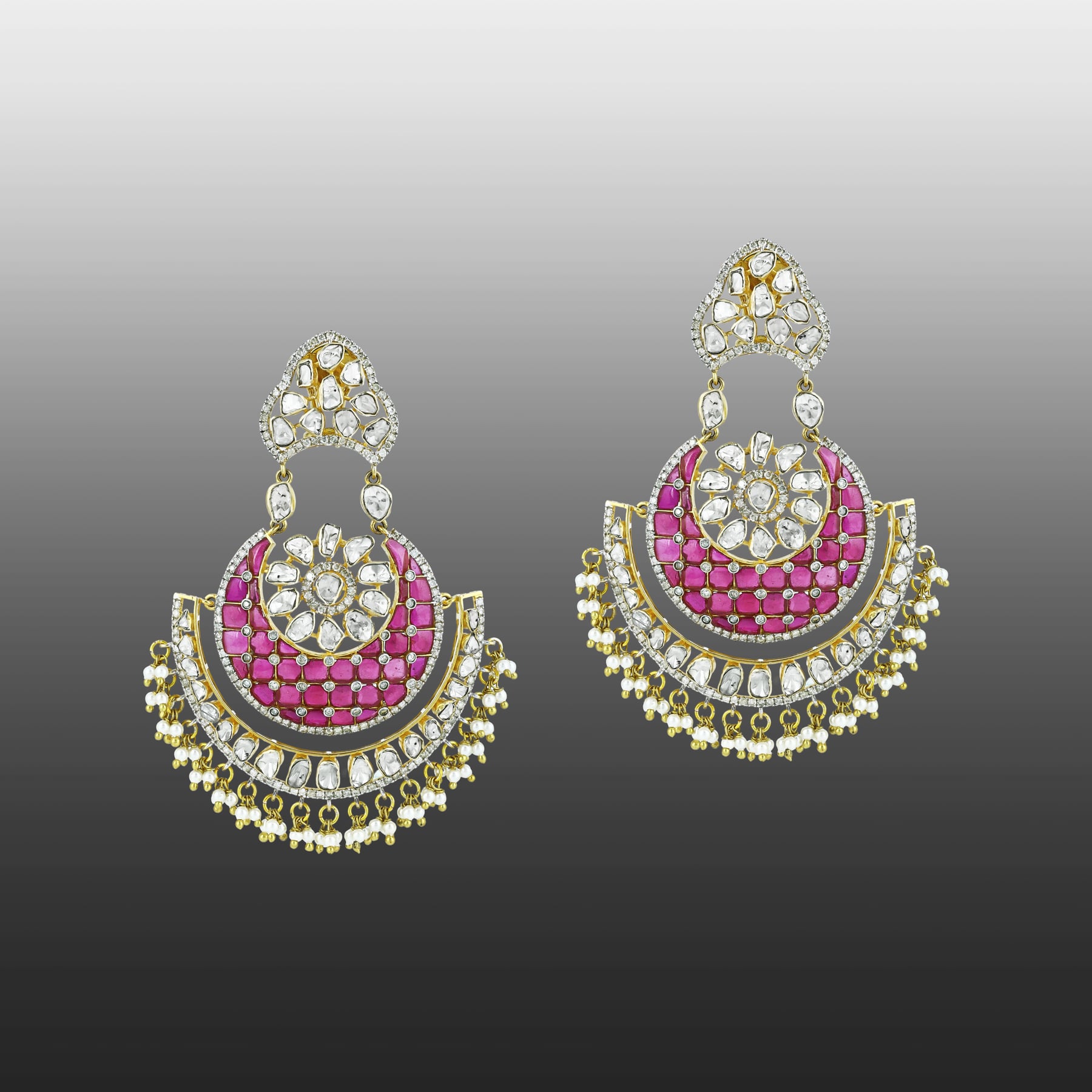 Polki Chandbali Earrings with Red Talaf and Pearls