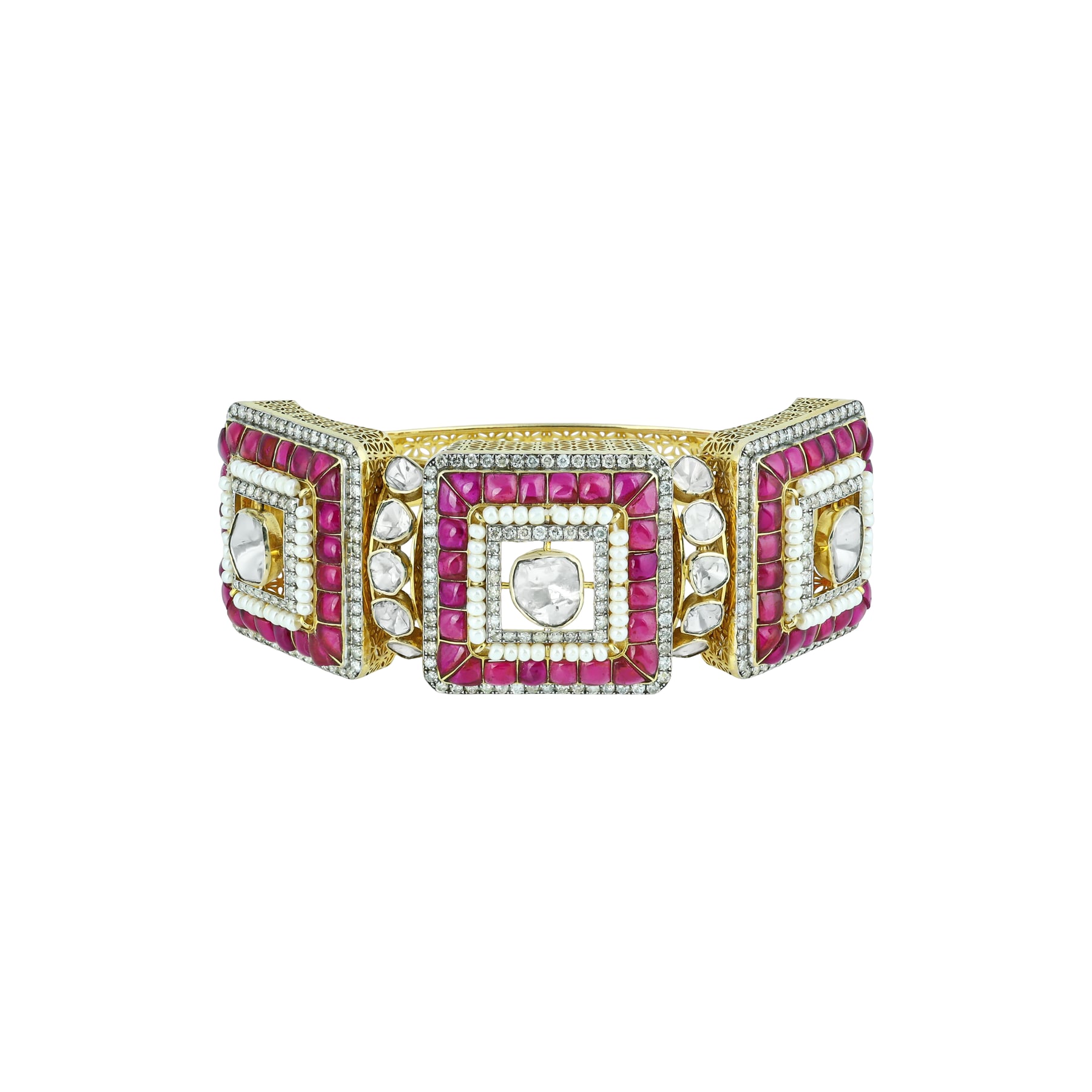 Geometric Red Talaf and Polki Bangle with Pearls Accents