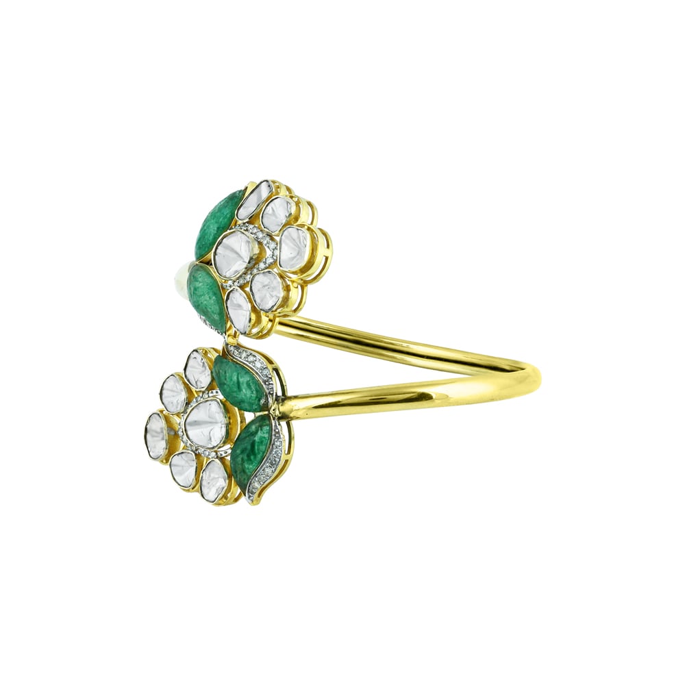 Floral Polki Bangle with Green Talaf Stone and Dual-Flower Design