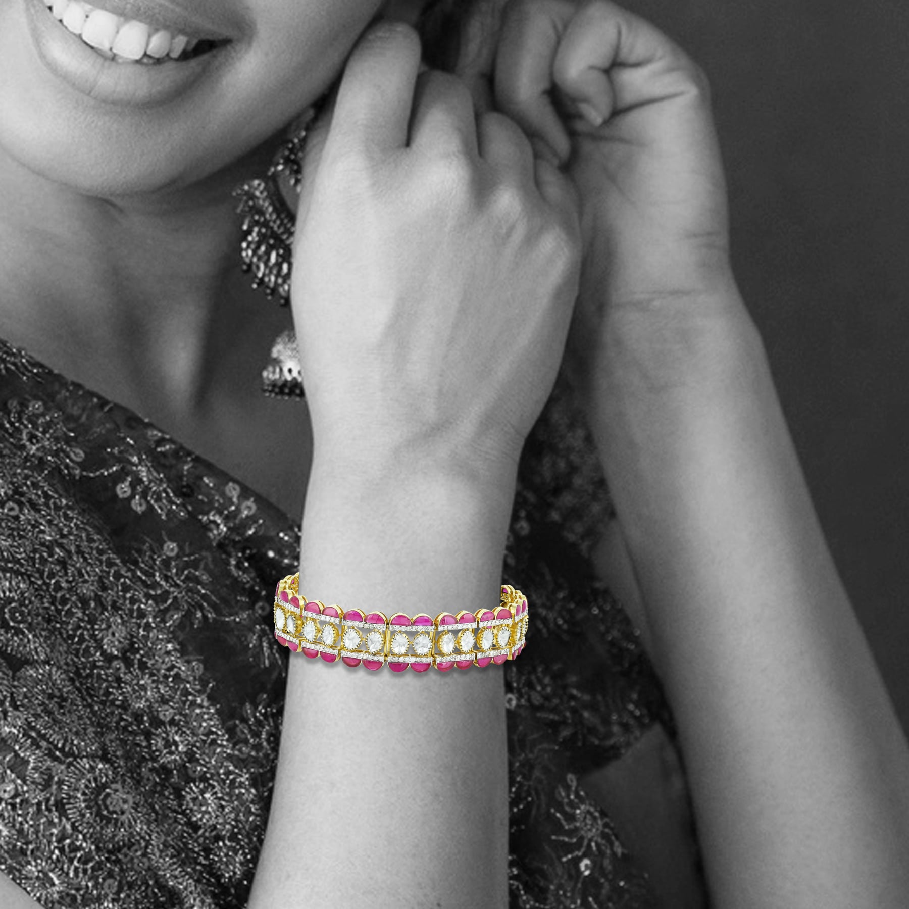 Geometric Polki Bracelet with Red Talaf