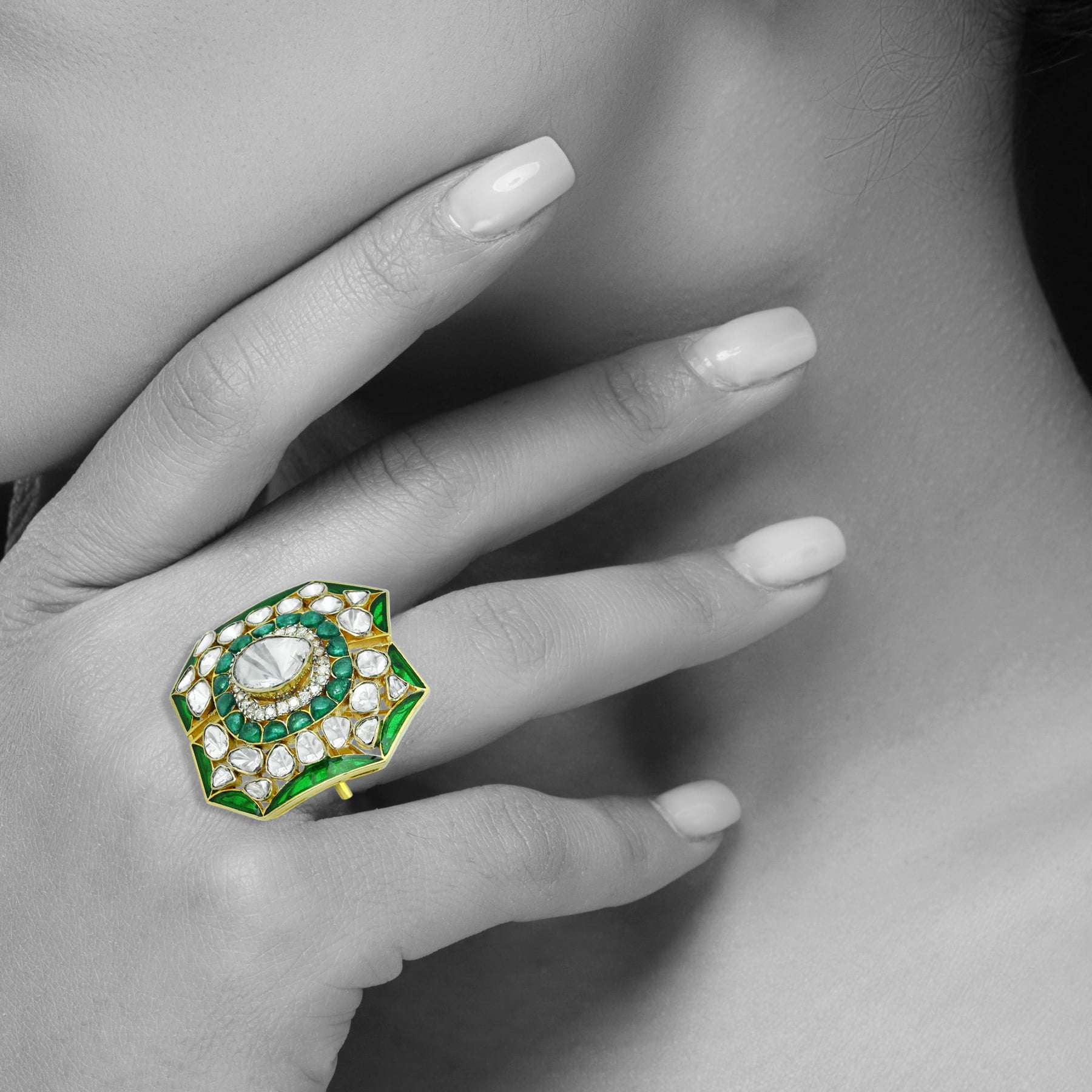 Polki Statement Ring with Green Accents