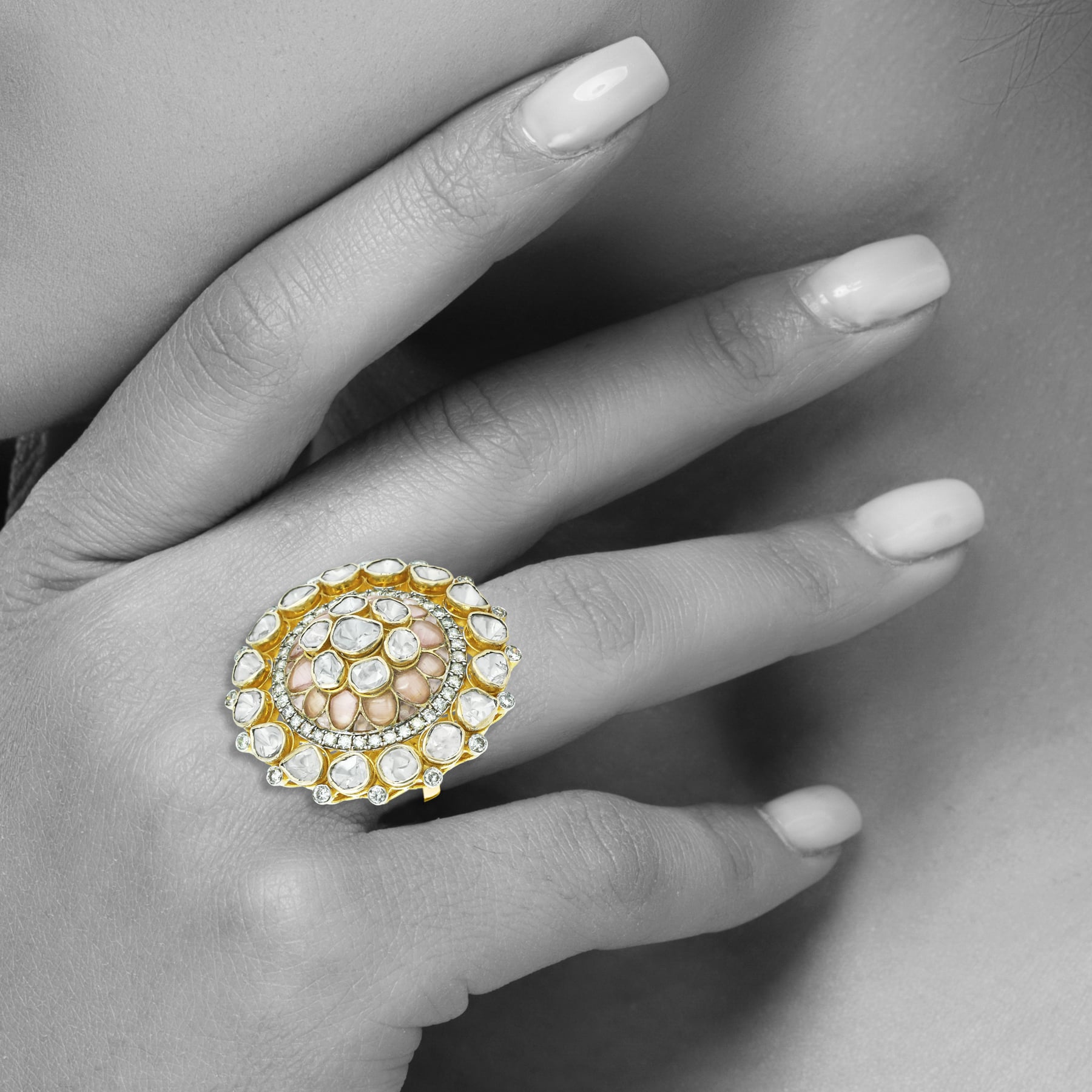Floral Polki Ring with Pink Morganite Talaf and Diamond Halo