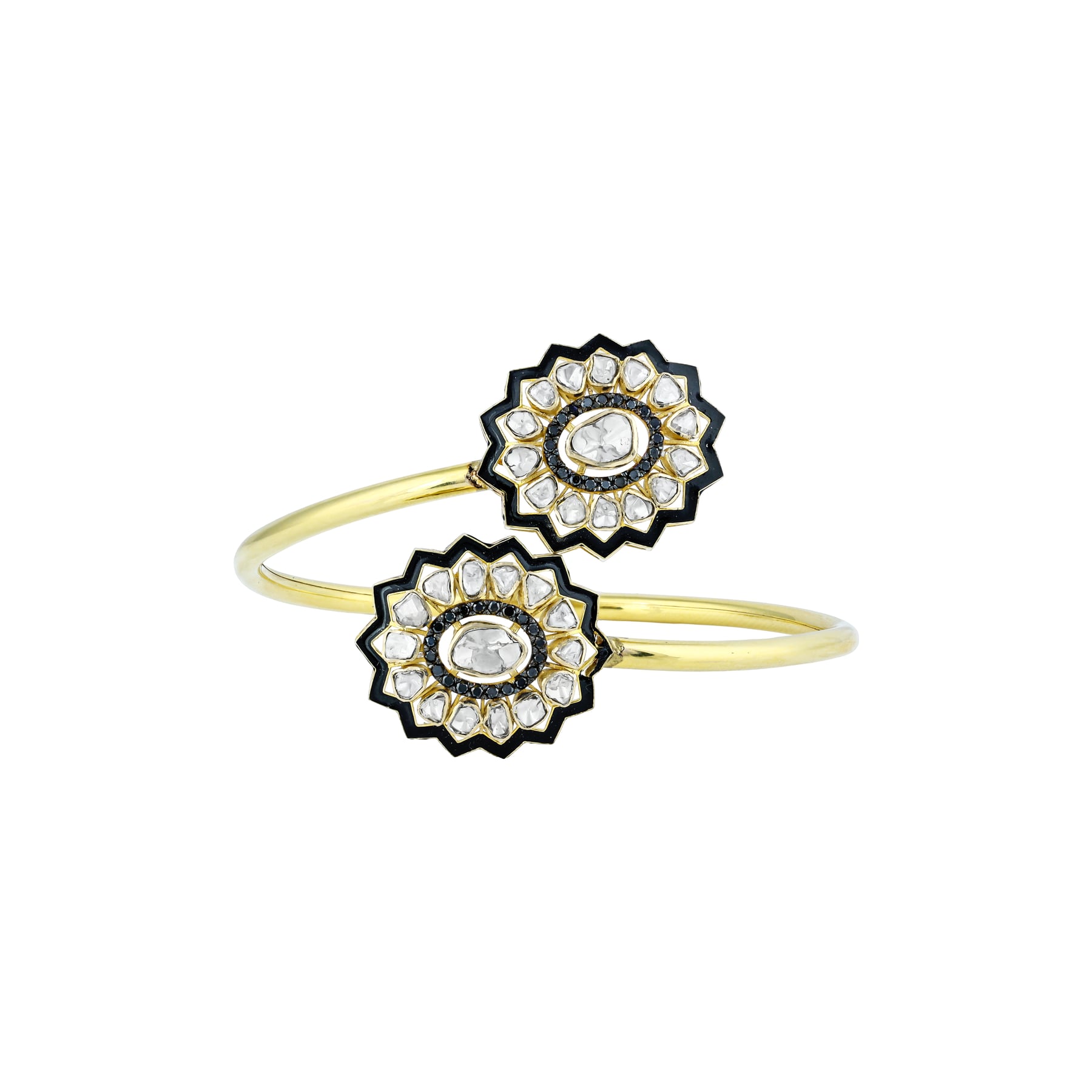 Minimalistic Bangle with Polki Clusters, Black Enamel, and Diamonds