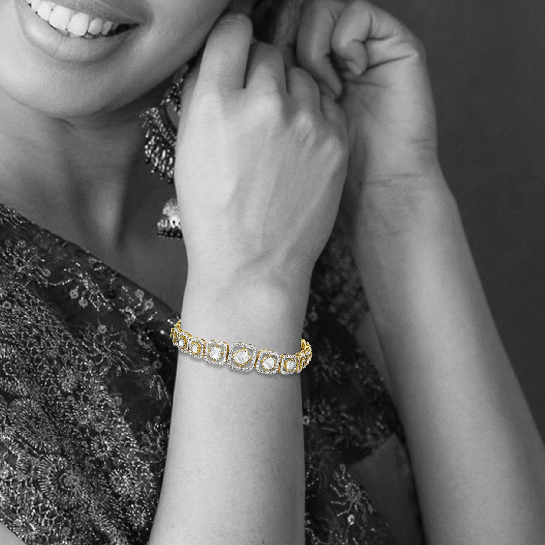 Graduated Polki Bracelet with Diamond Frame