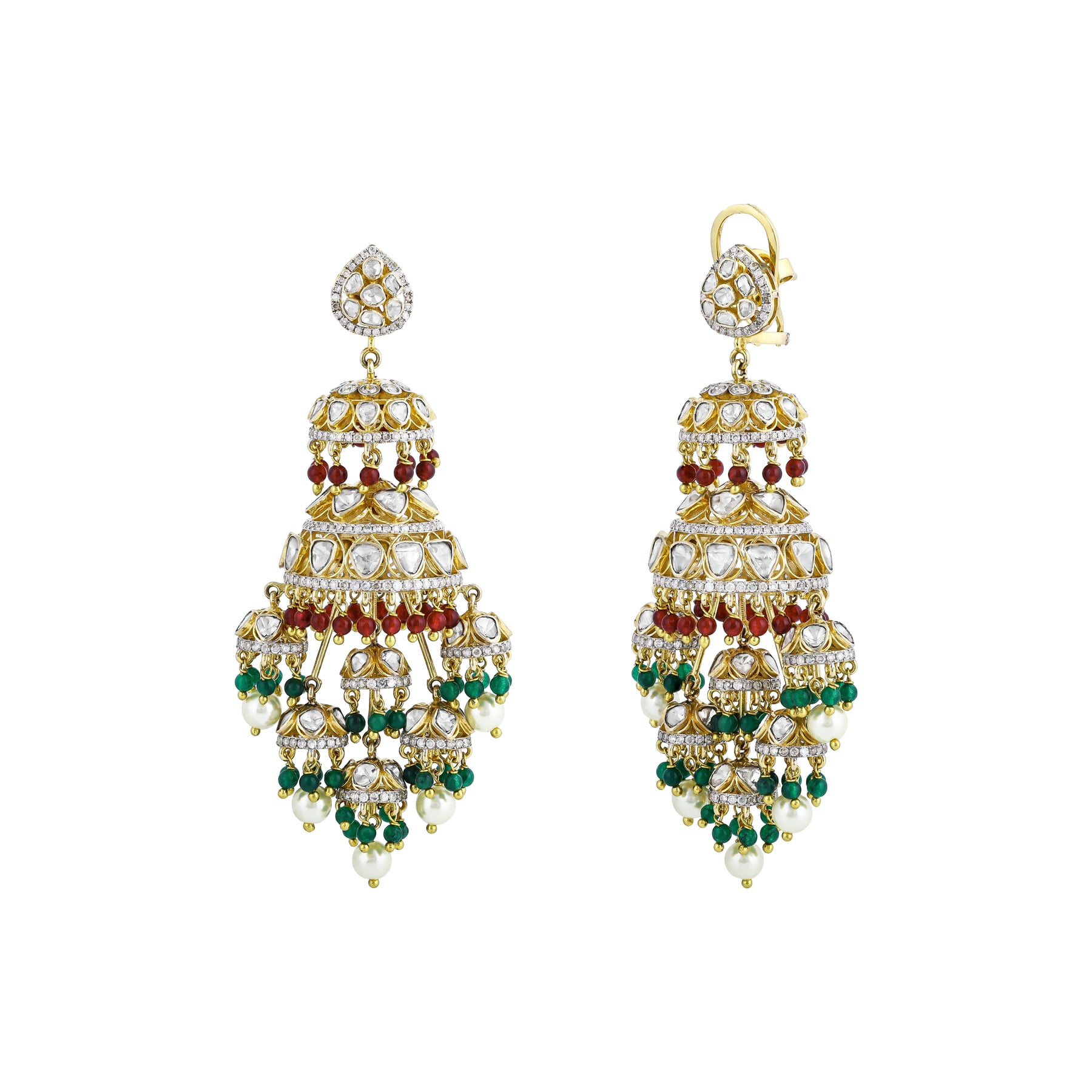 Polki Chandelier Earrings with Green and Red Beads, Pearl Drops