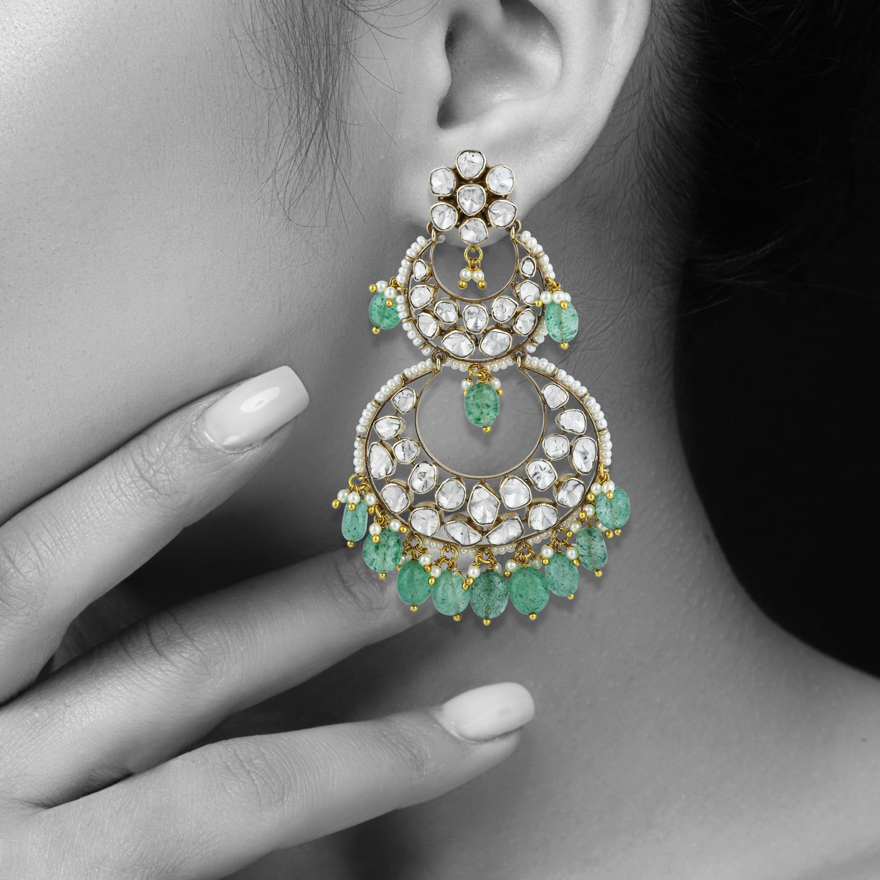 Polki Earrings with Double-Tier Chandbali, Pearl Accents, and Green Drops