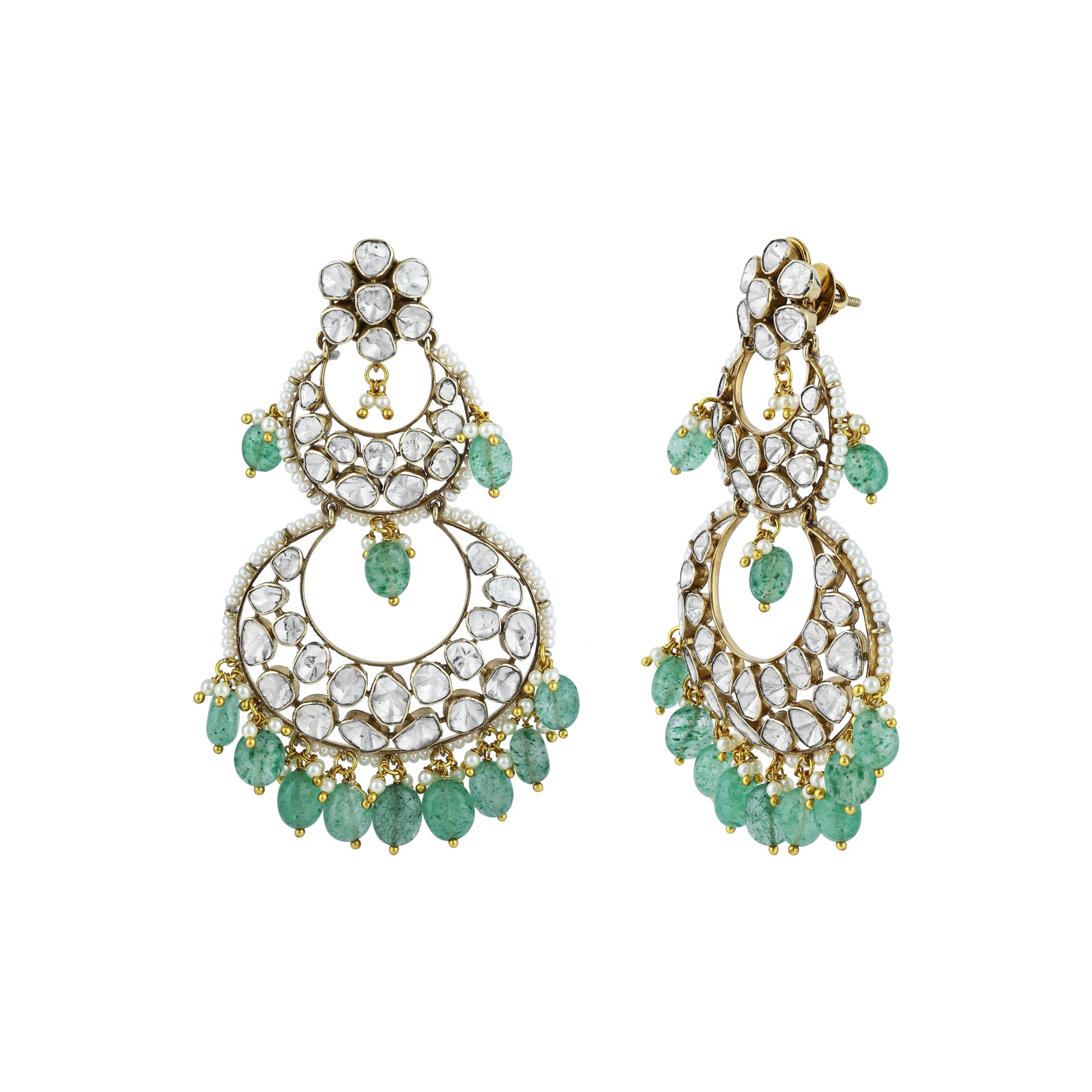 Polki Earrings with Double-Tier Chandbali, Pearl Accents, and Green Drops
