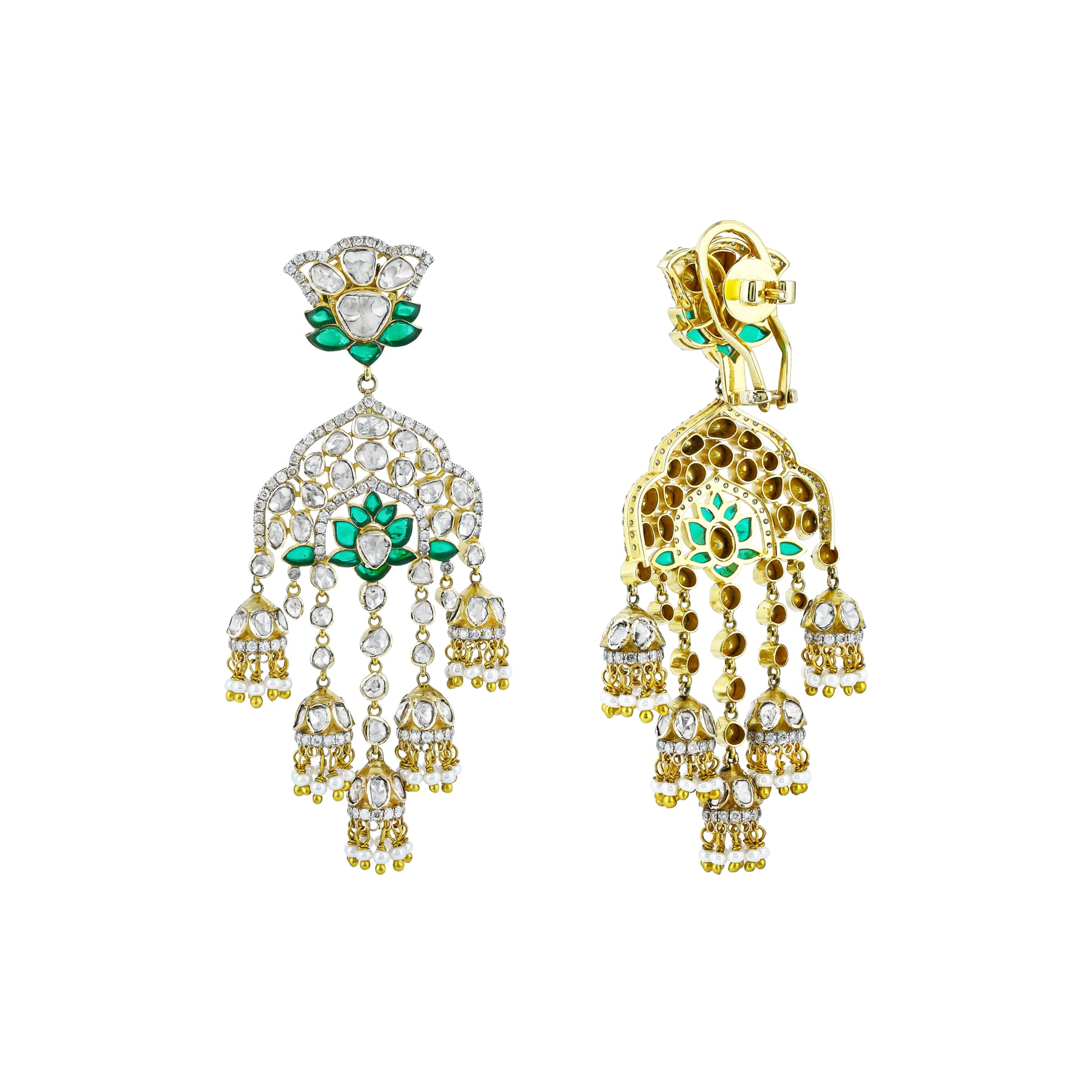Polki Designer Jhumka Earrings with GreenTalaf Lotus and Pearl Accents