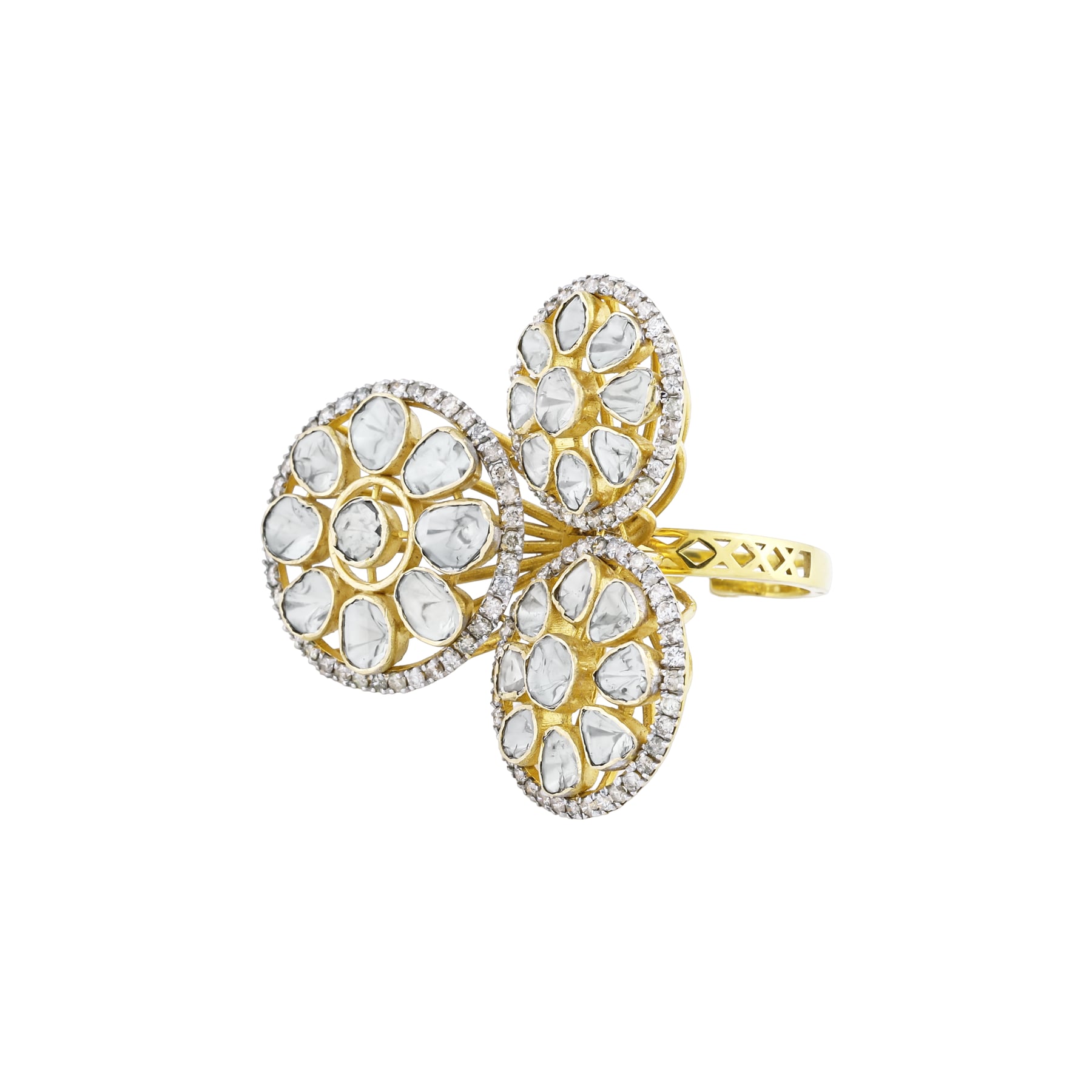 Triple Circle Polki Ring with Diamond Halo and Polki Cluster