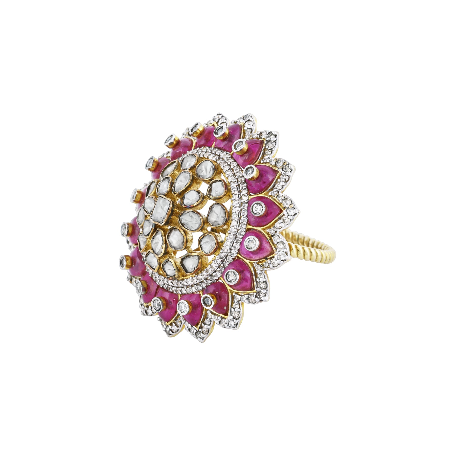 Polki Ring with Red Talaf and Diamond-Accented Petals