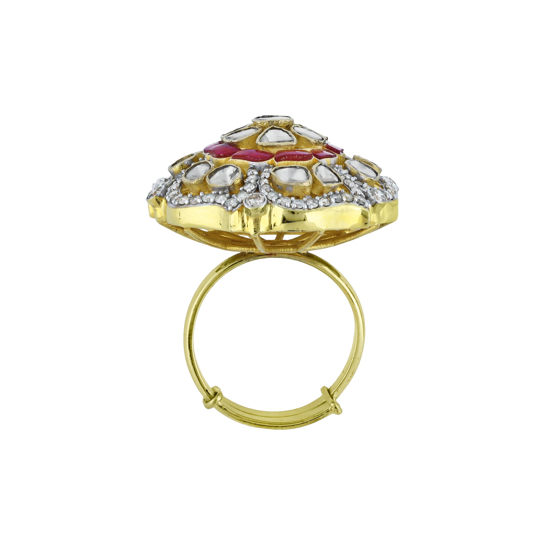 Floral Polki Ring with Red Talaf and Diamond Halo