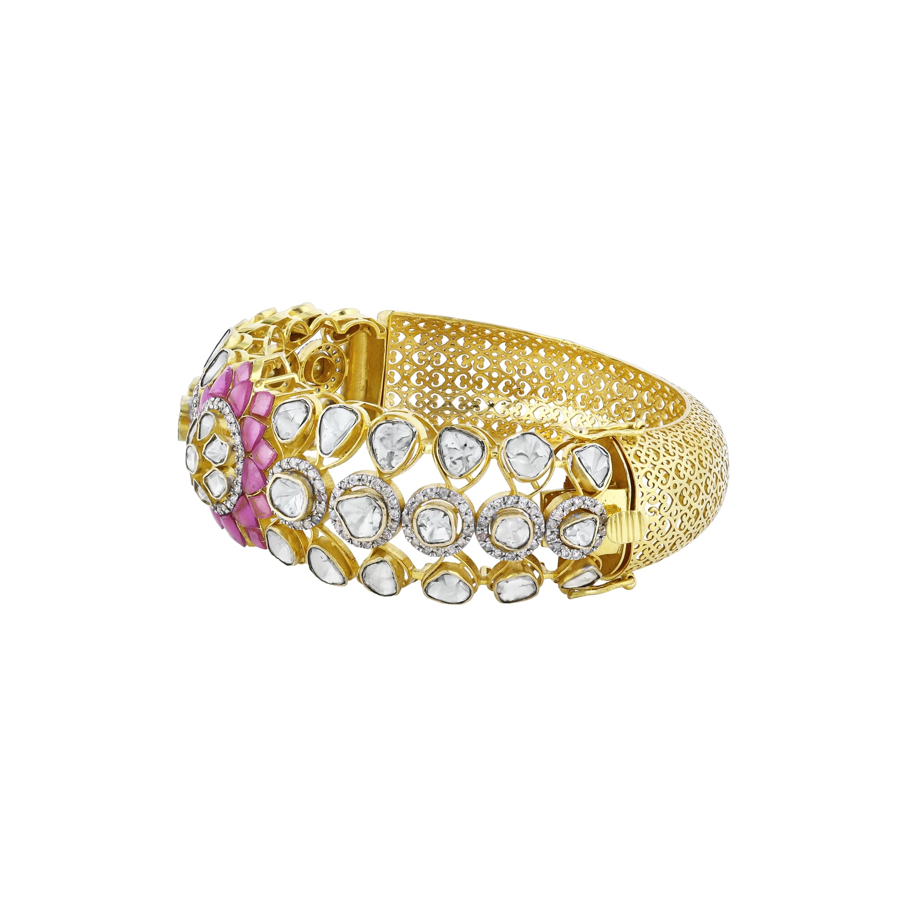 Bangle with Polki and Pink Talaf Floral Motif