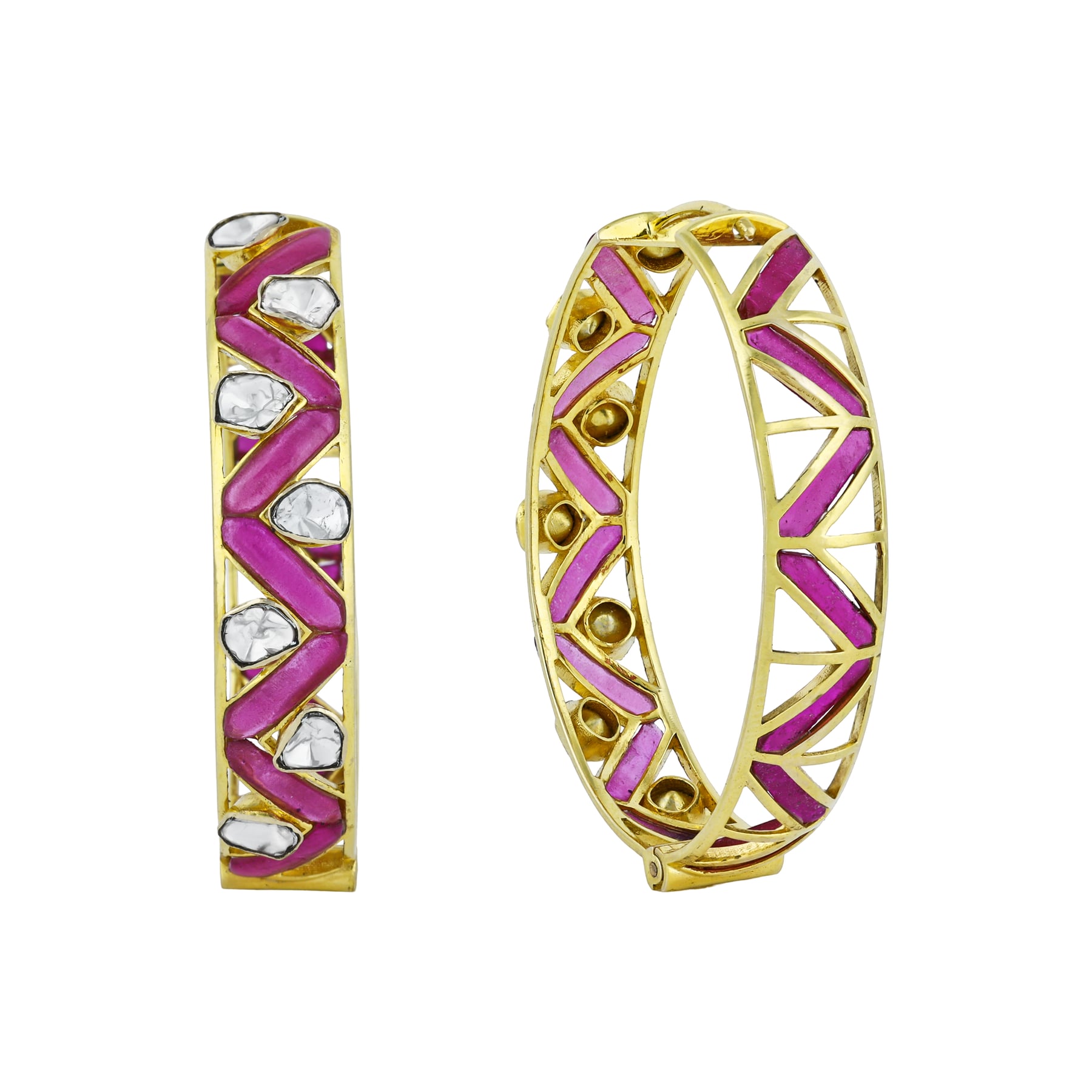Zigzag Polki Hoop Earrings with Pink Talaf