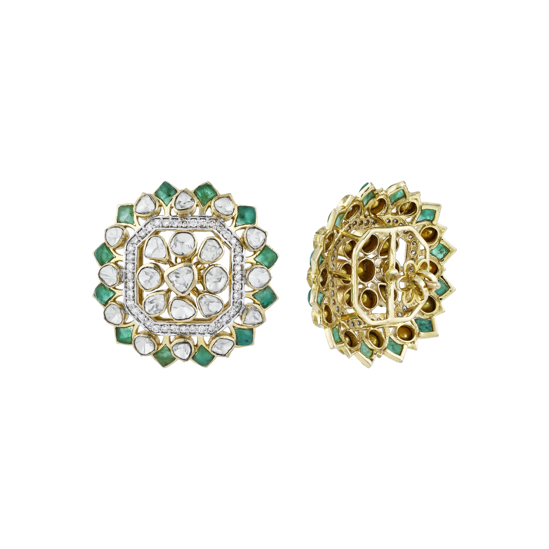 Round Polki Earrings with Green Talaf and Diamond Border