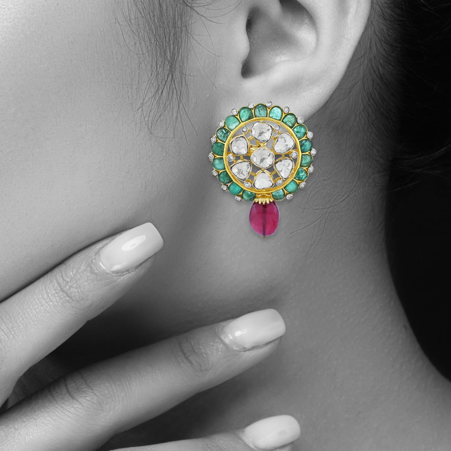 Round Polki Earrings with GreenTalaf and Red Colour bead