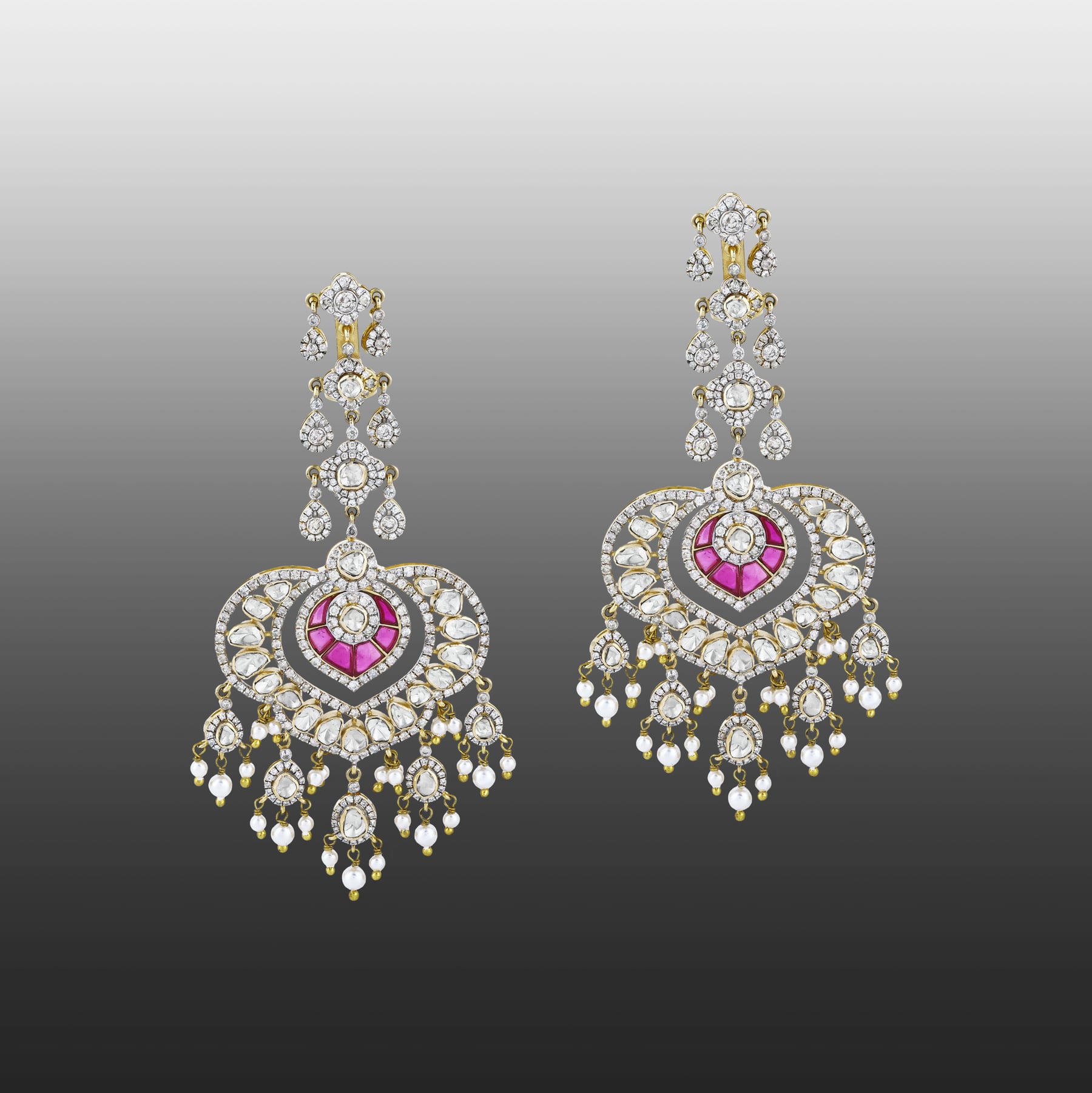 Polki Chandelier Earrings with Red Talaf, Diamonds, and Pearls