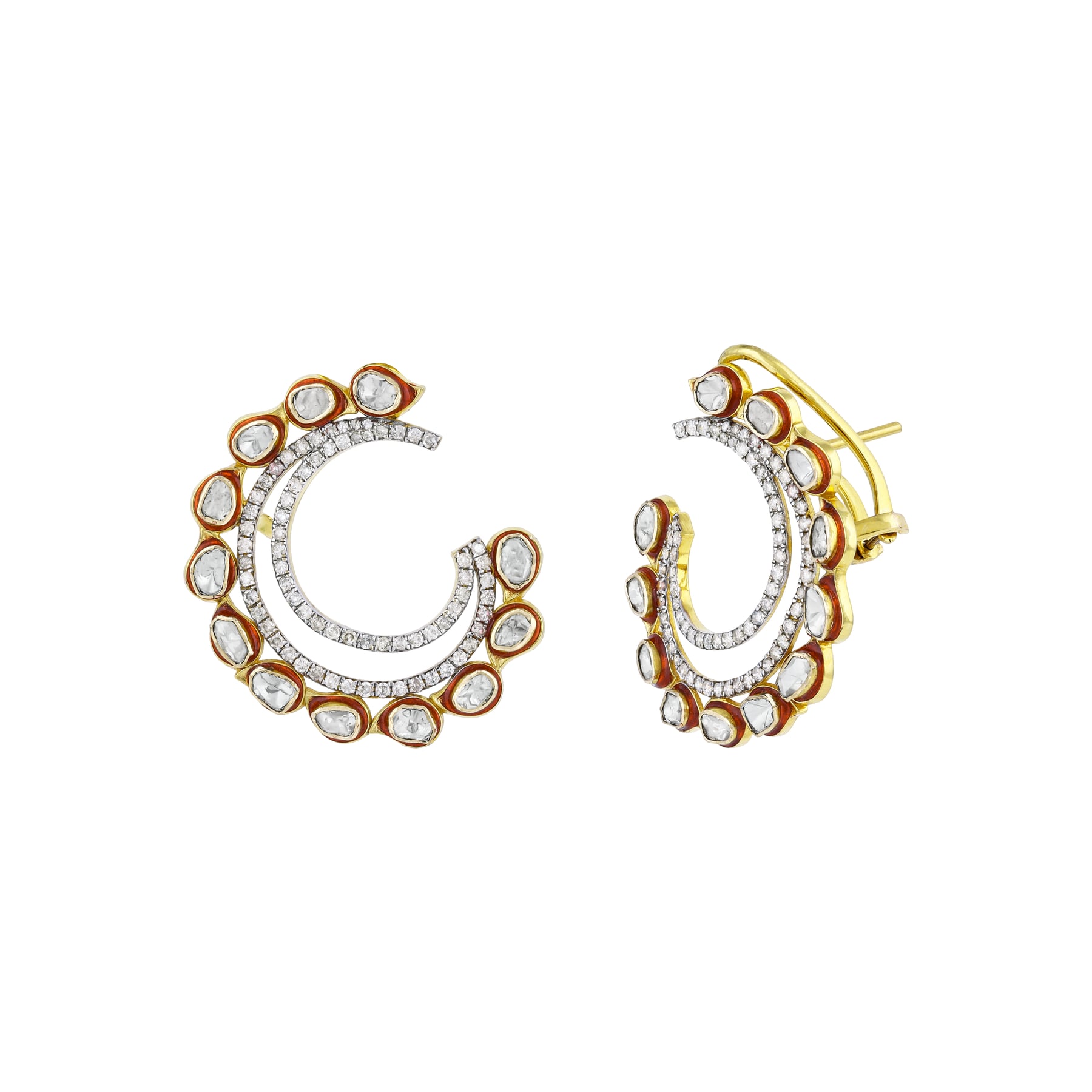 Polki Circular Earrings with Double Arcs and Sparkling Diamonds