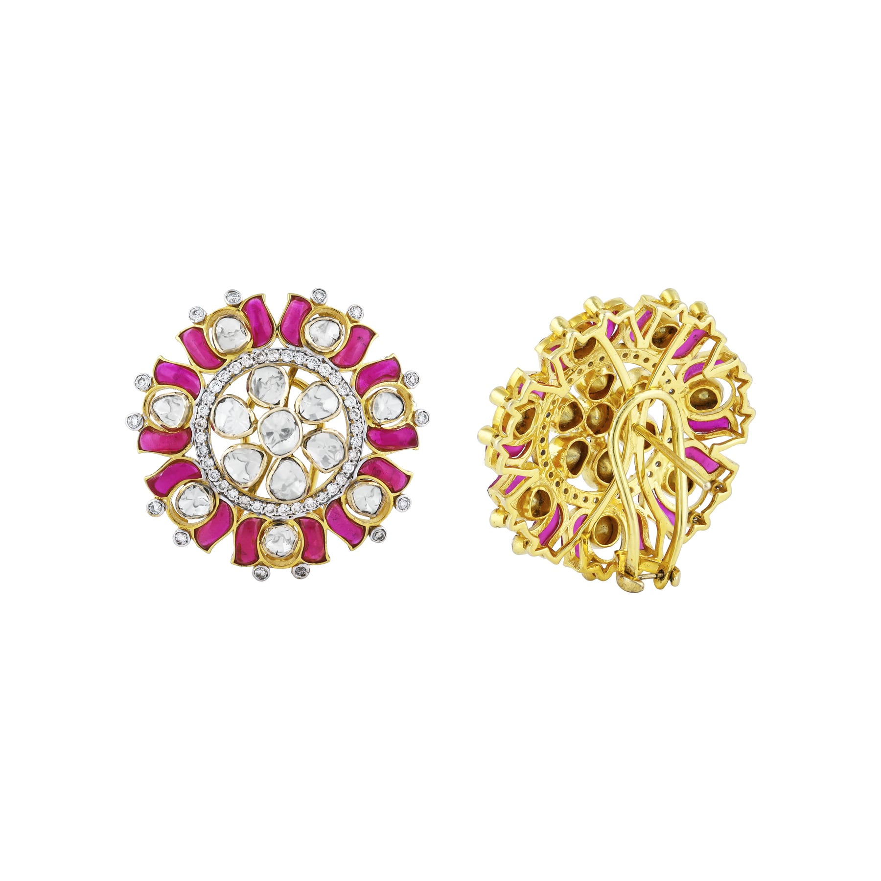 Polki Circular Earrings with Pinkish Red Talaf and Floral Design