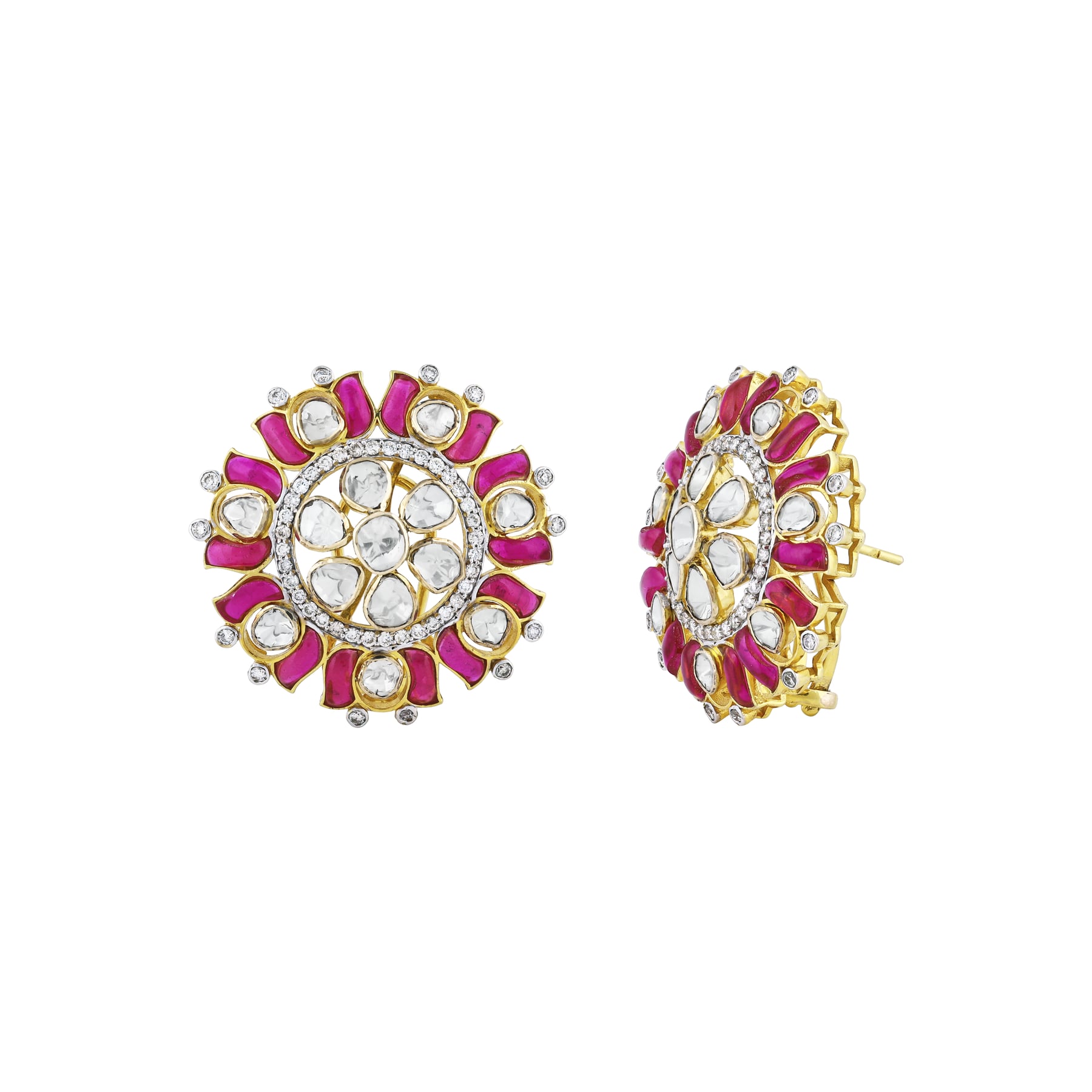 Lotus-Inspired Polki Earrings with Pink and Green Talaf