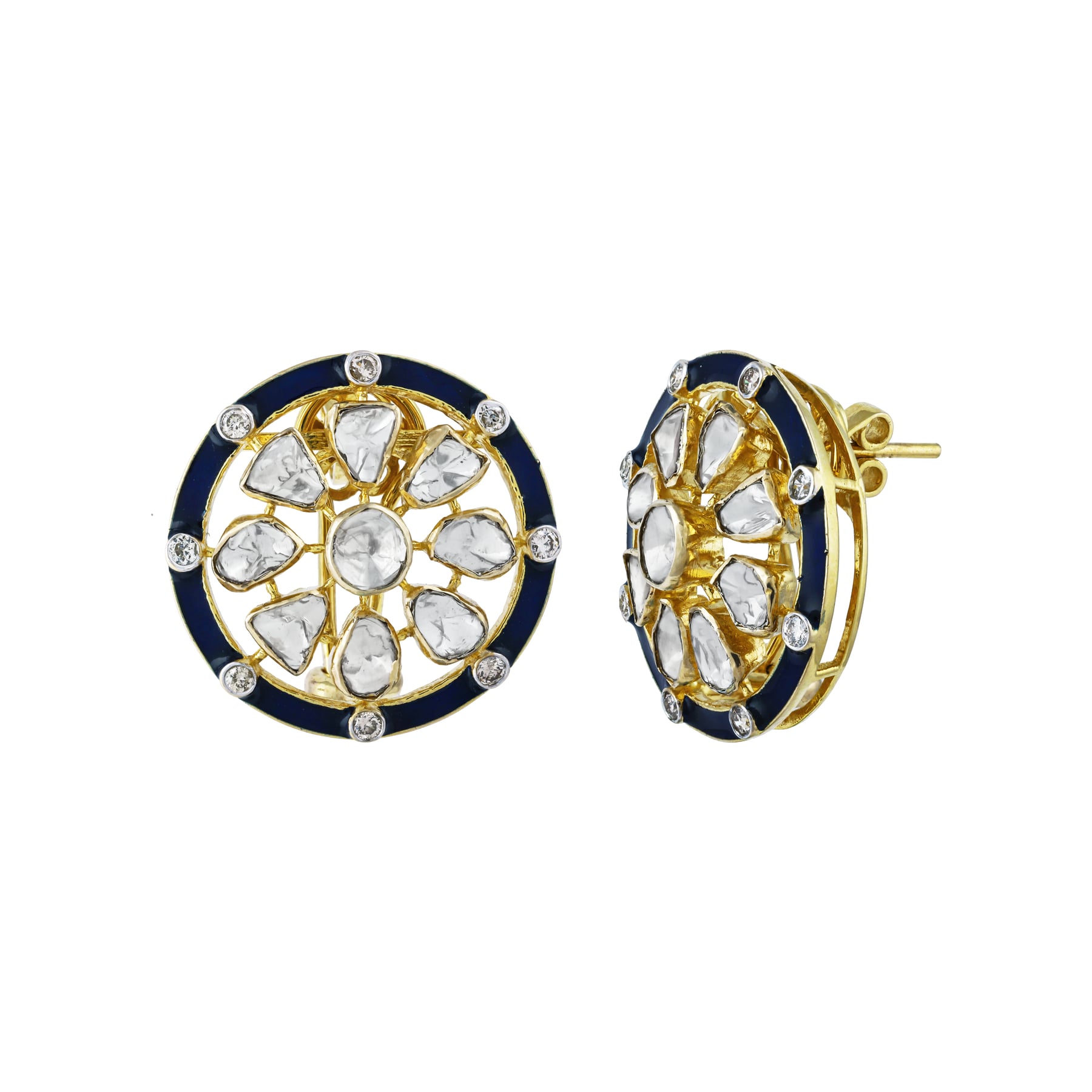 Round Polki Earrings with Blue Enamel and Diamonds