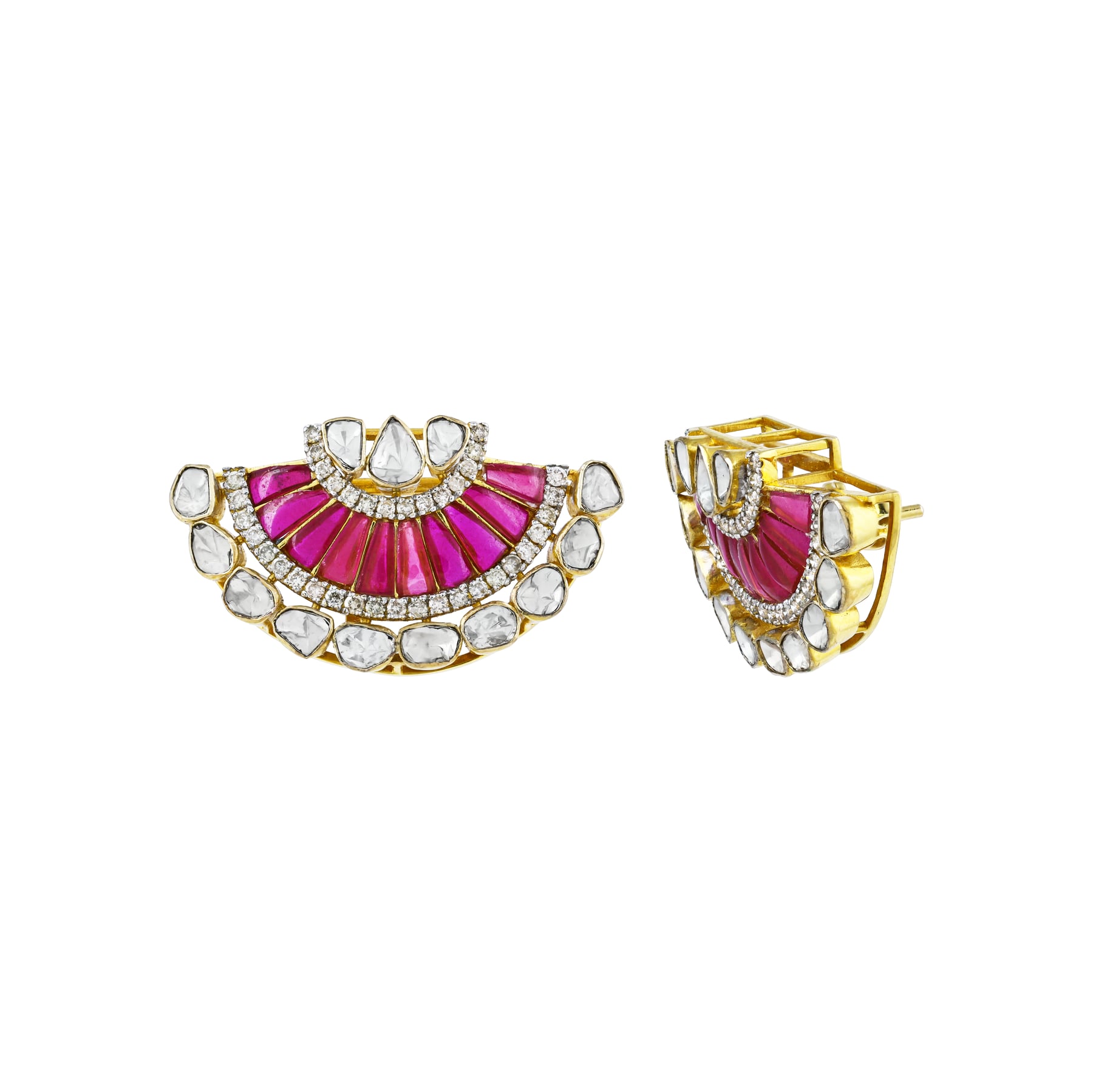 Fan-Shaped Polki Earrings with Red Talaf and Diamonds