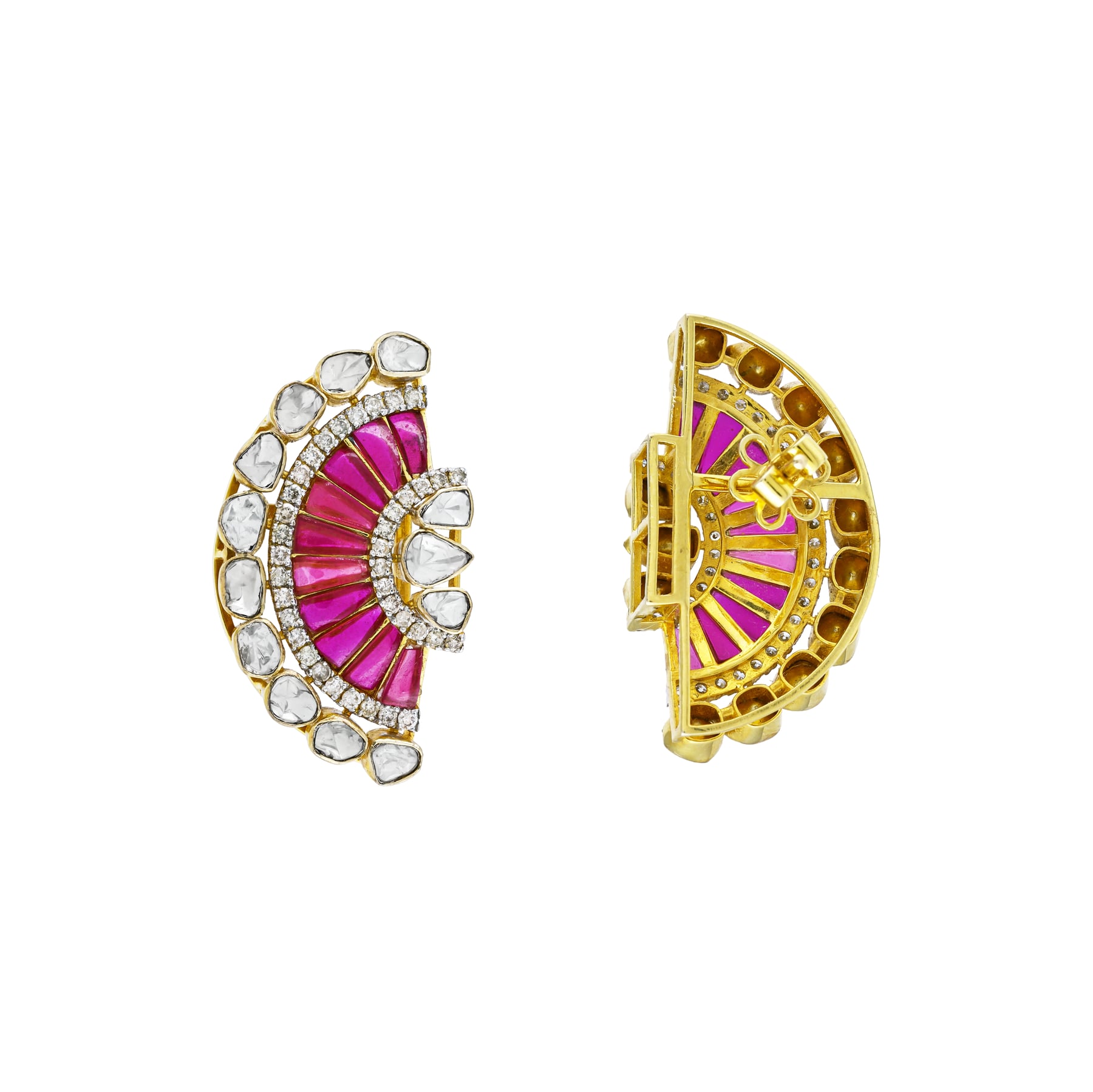 Fan-Shaped Polki Earrings with Red Talaf and Diamonds
