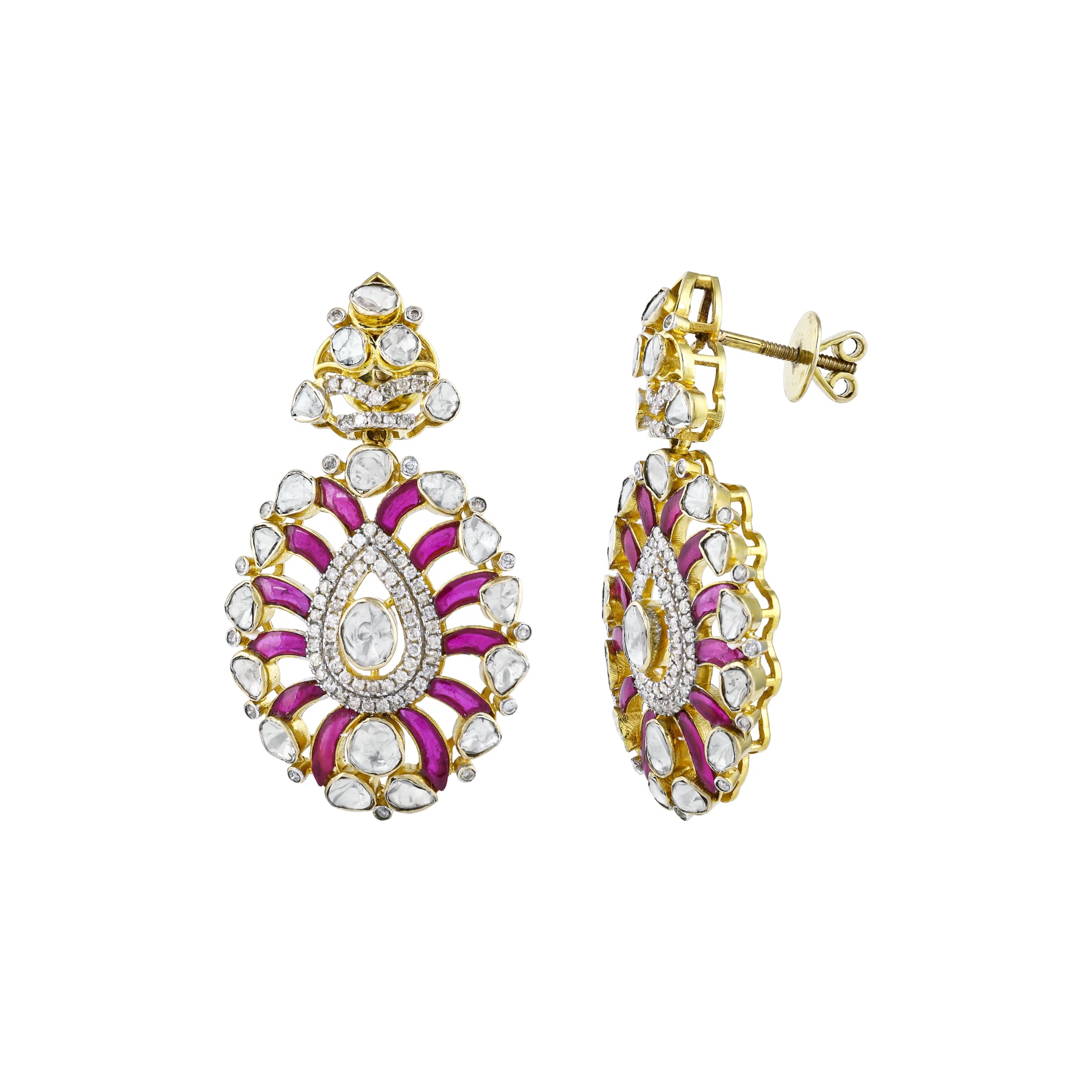 Polki Earrings with Red Talaf and Sparkling Diamonds