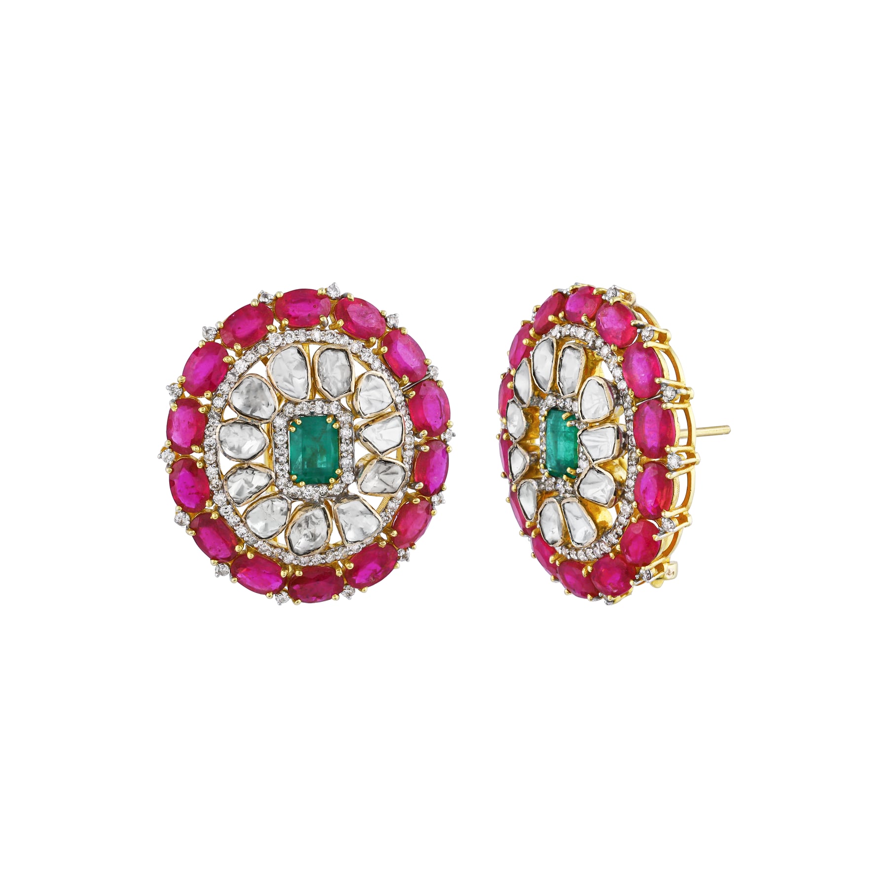 Round Earrings with Green and Red Colour Stone and Polki Diamonds