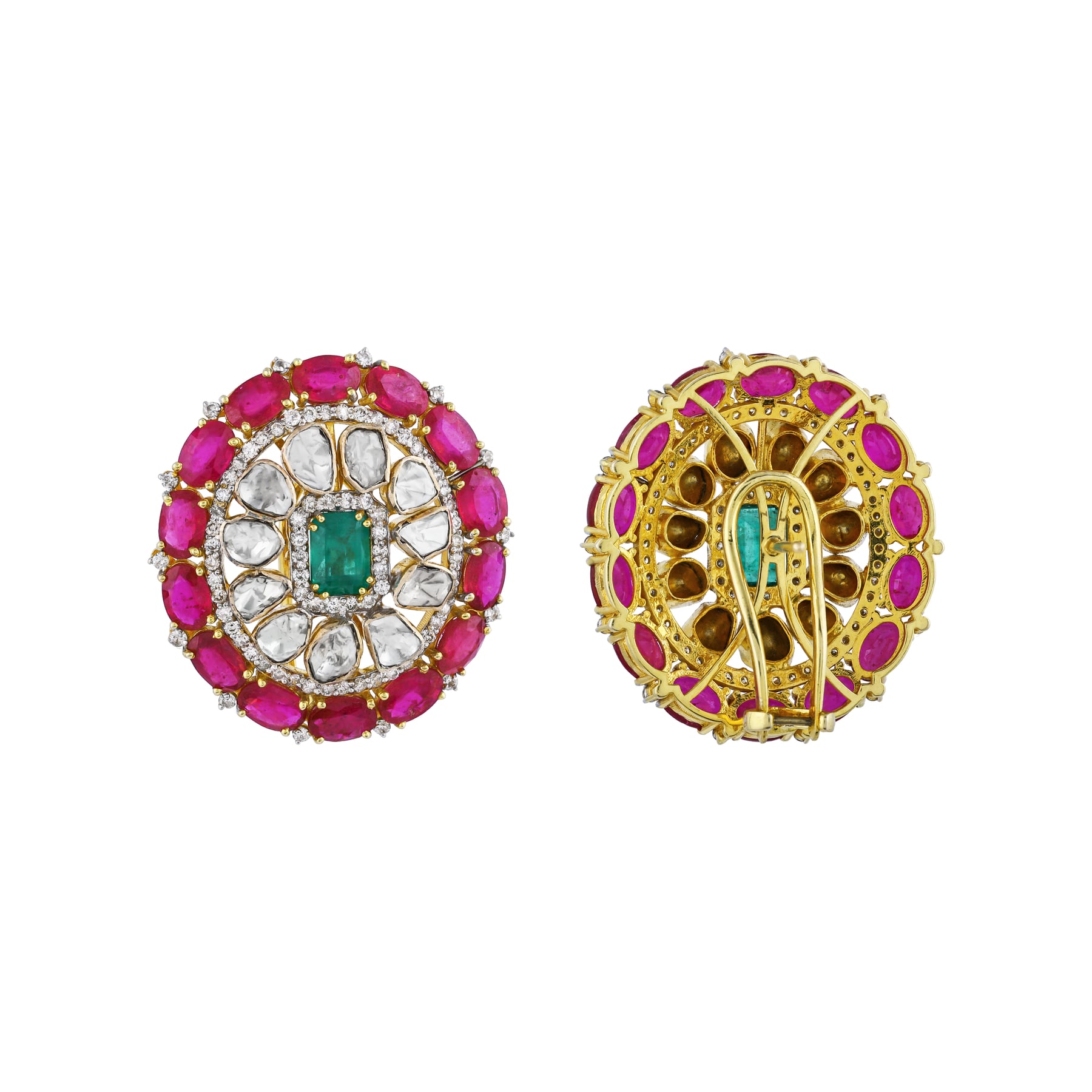 Round Earrings with Green and Red Colour Stone and Polki Diamonds