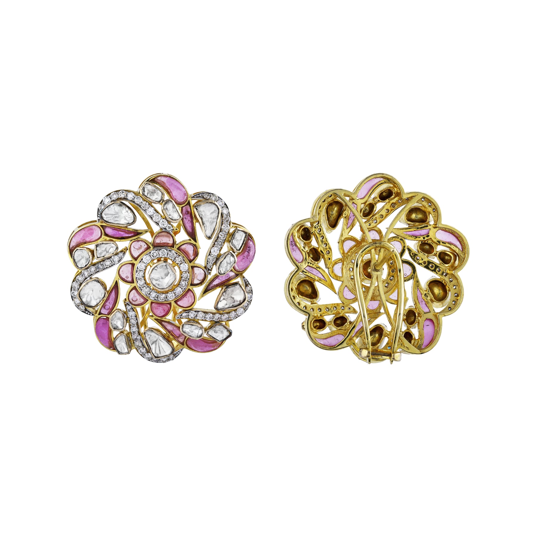 Floral Polki Earrings with Pink Talaf and Swirl Design