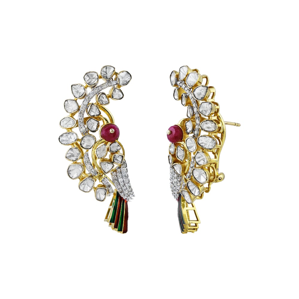 Polki Earrings with Red Colour Bead, Diamonds, and Enamel Wing of a Bird
