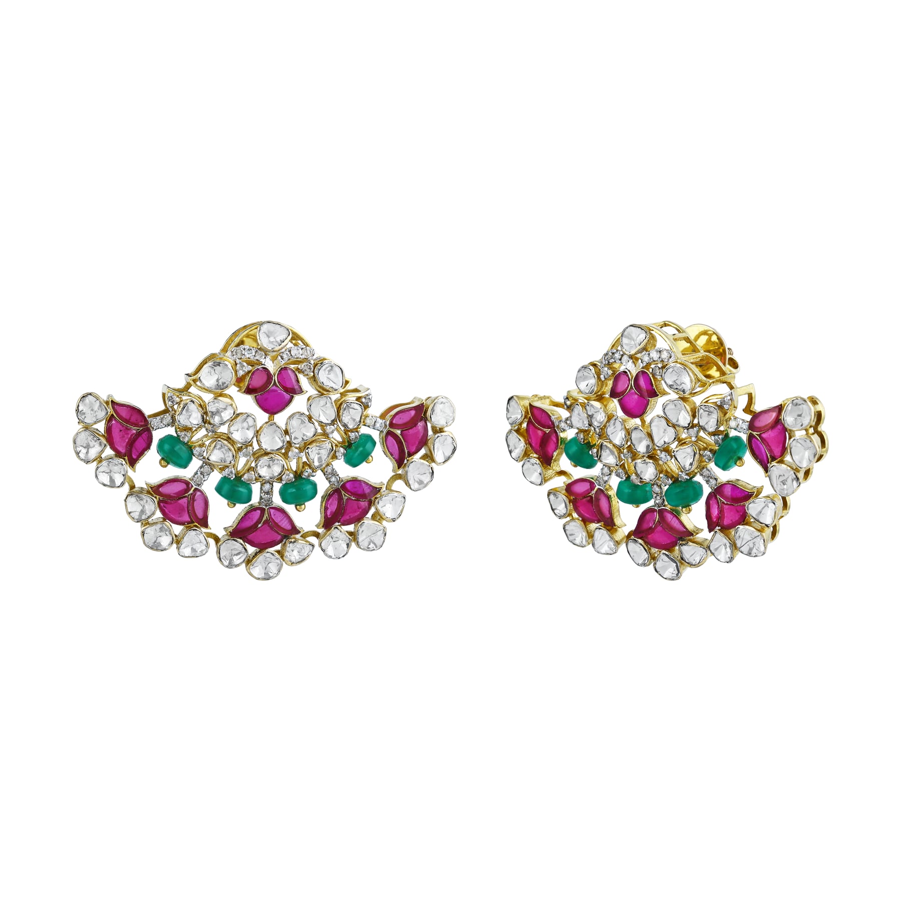 Radiant Cluster Earrings with Pink Petals and Green Accents