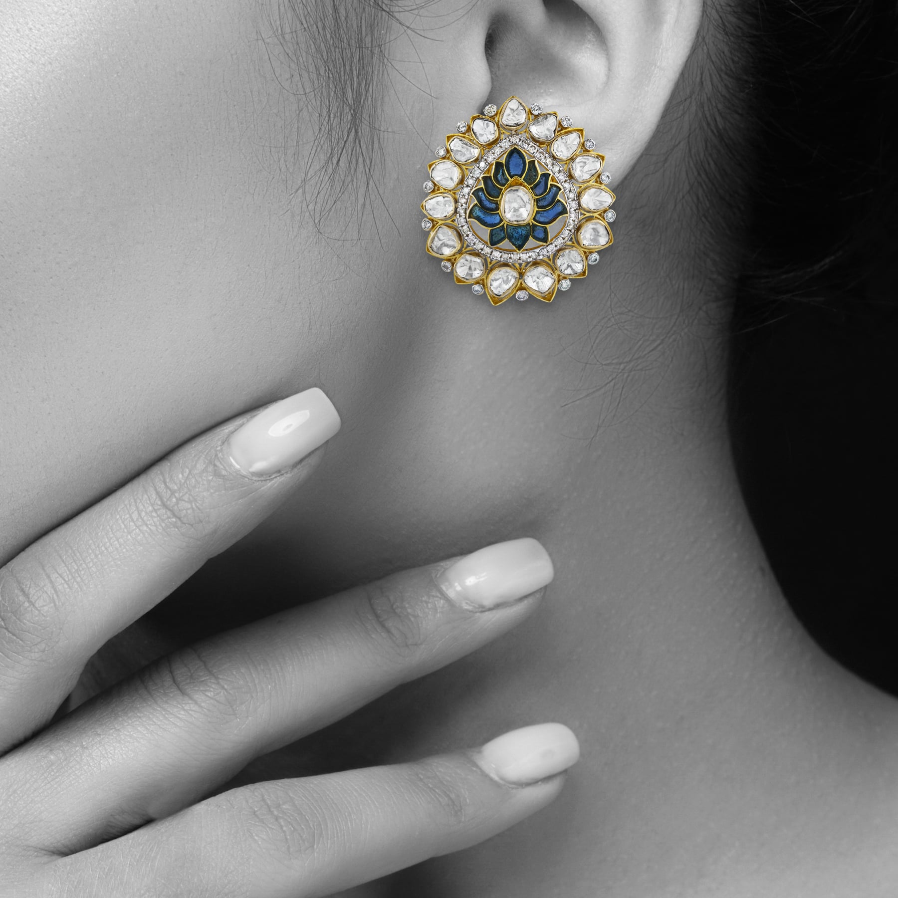 Blue Talaf Lotus Earrings with Uncut Diamonds