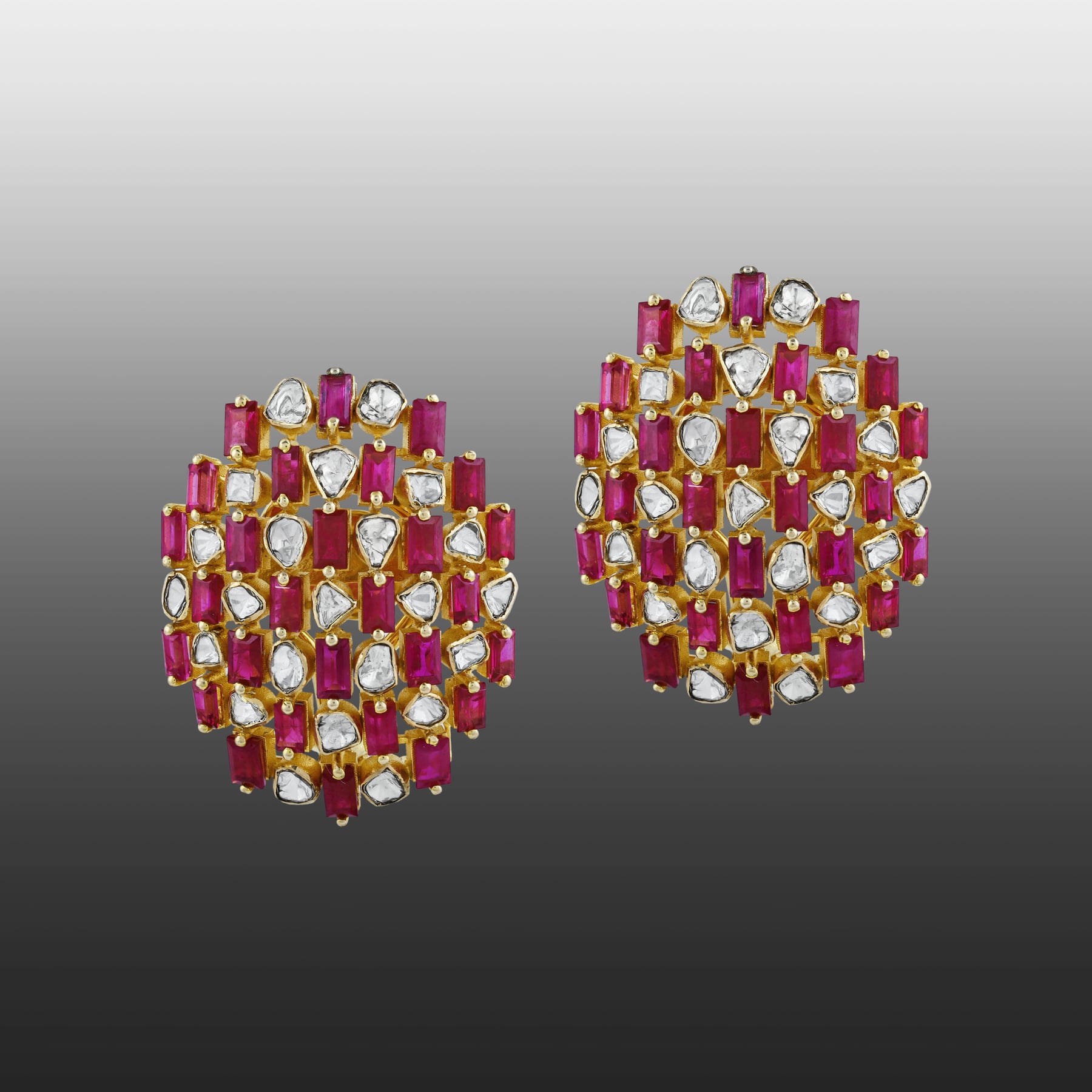 Geometric Red Cut Stone Earrings with Polkis