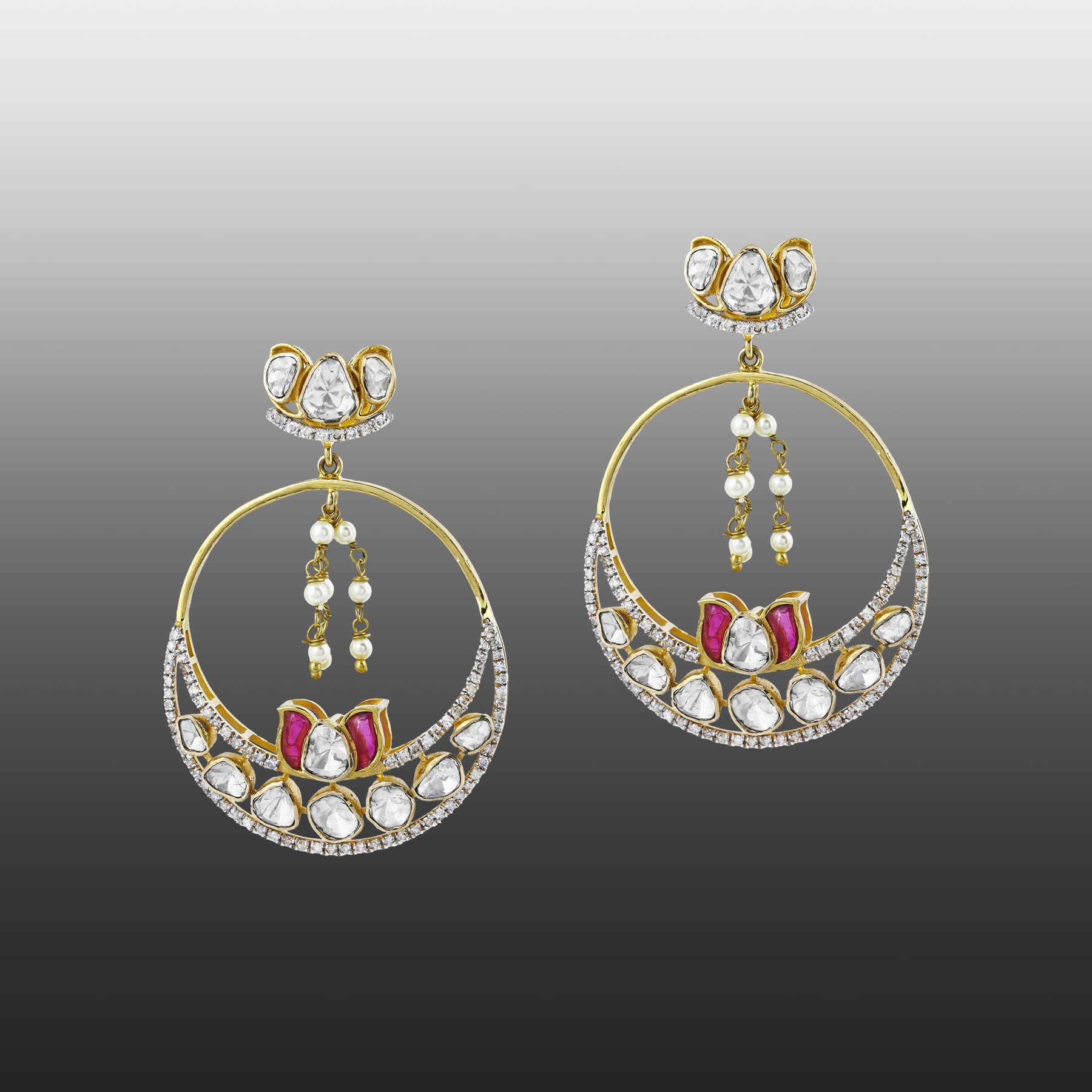 Floral Chandbali Earrings with Uncut Diamonds and Pearl Drops
