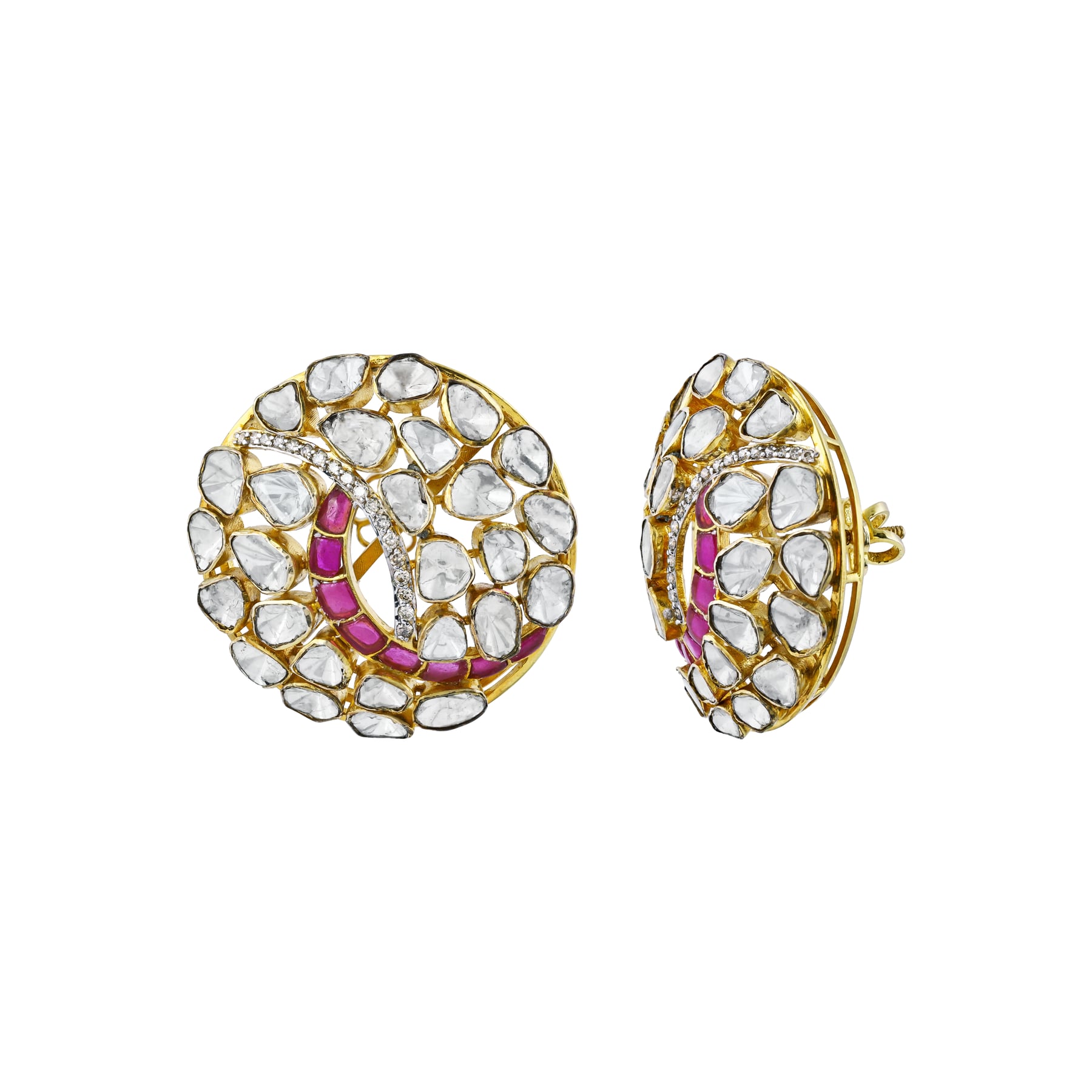 Round Polki Earrings with Pink Swirl Accent
