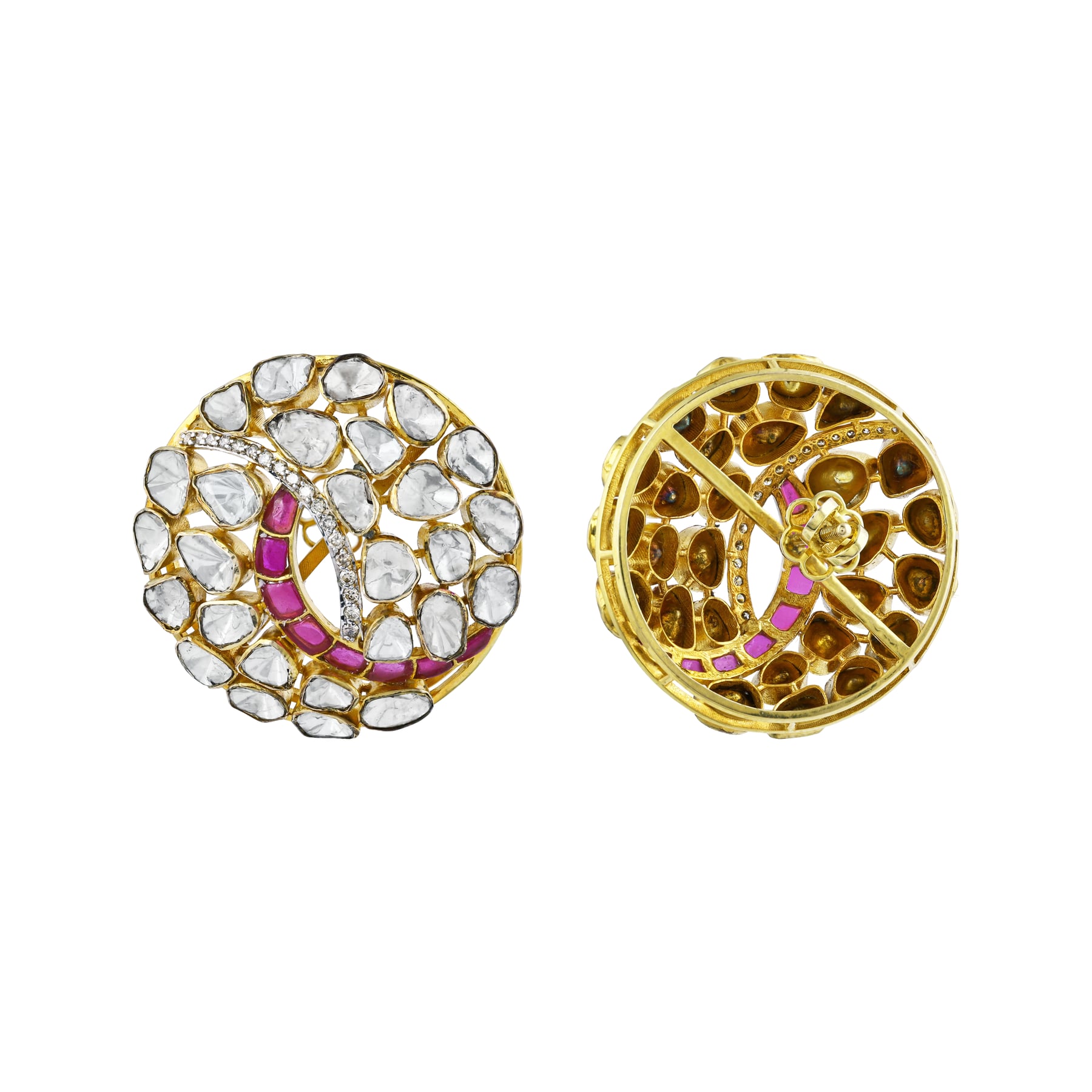 Round Polki Earrings with Pink Swirl Accent