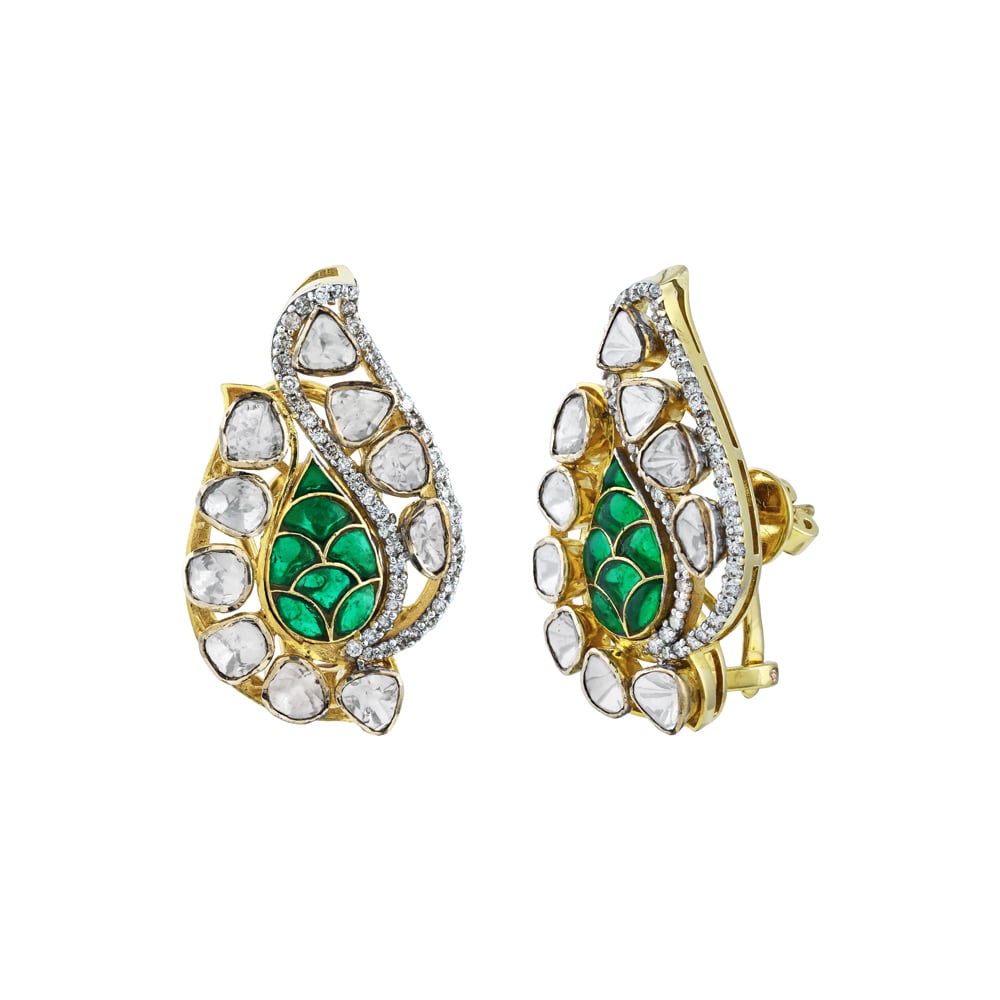 Leafy Earrings with Uncut Diamond Polki and Vibrant Green Accents