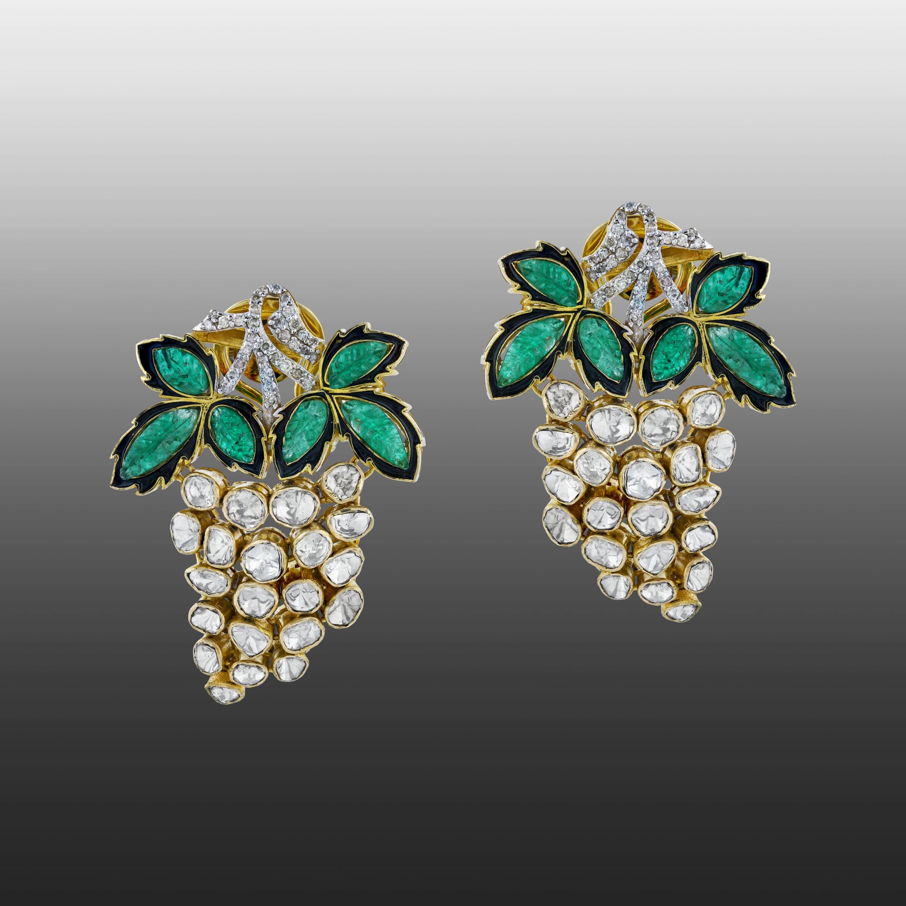 Cluster of Grapes Earrings with Uncut Diamond Polki and Green Talafs