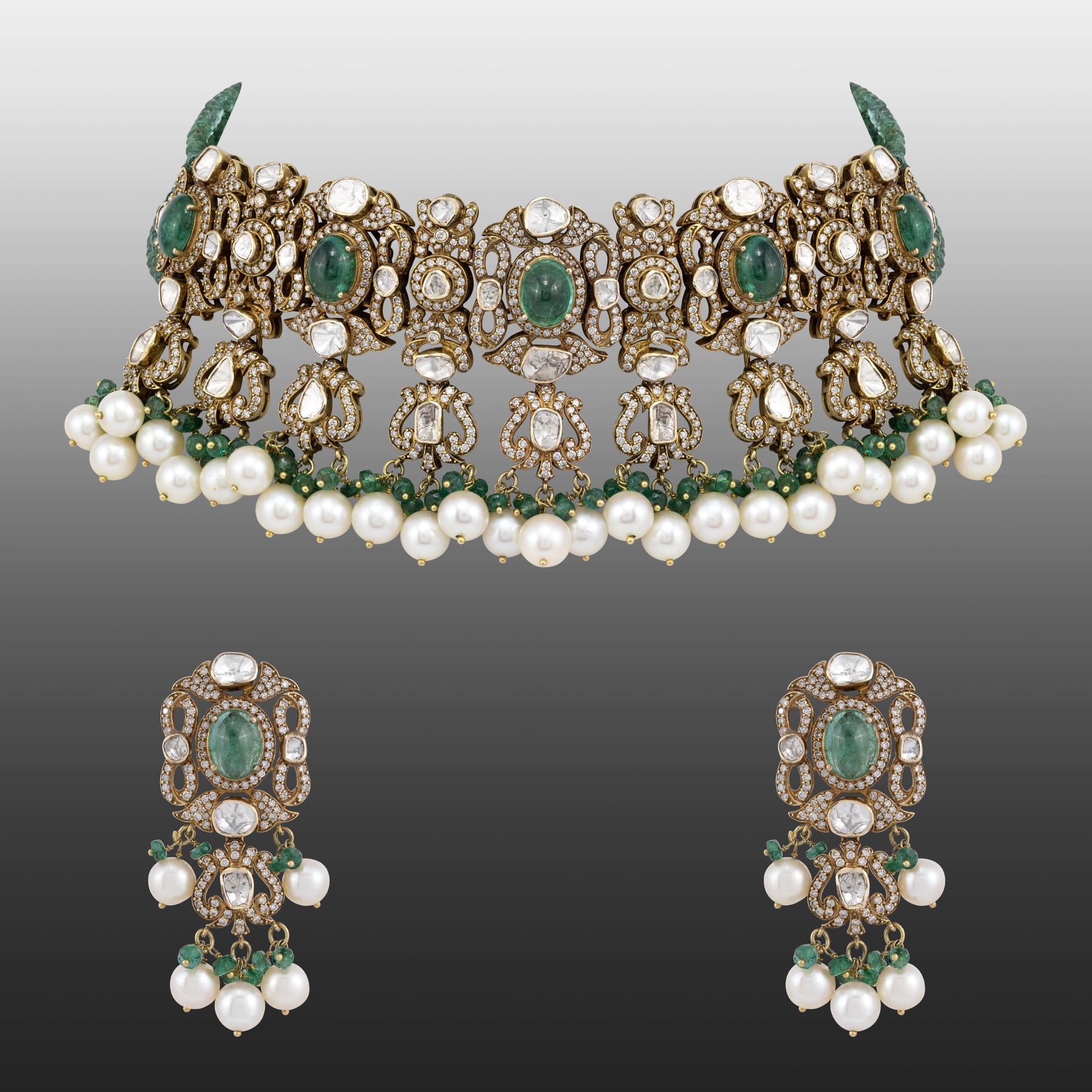 Antique Polki Choker Set with Emeralds , Diamonds and Pearl Clusters