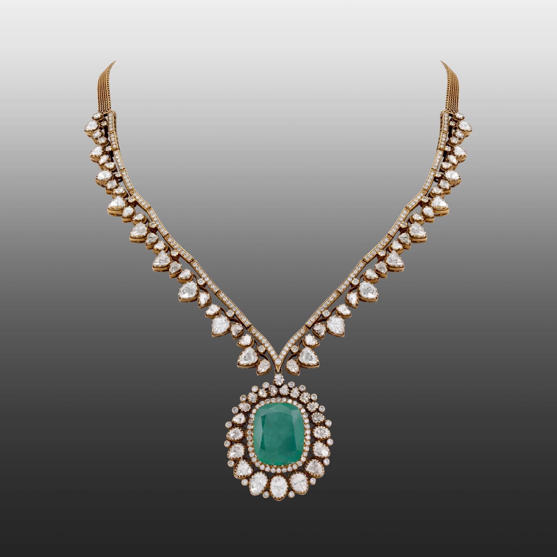 Emerald Pendant Necklace and Earring Set with Diamond Highlights
